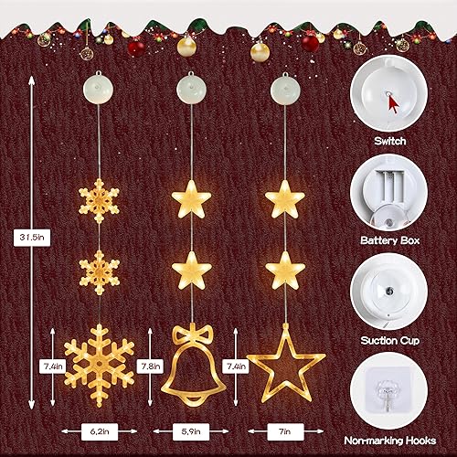 Miniatura 7 de EVOIONOS Luces navideñas para ventana, funcionan con pilas, con ventosa, paquete de 3 campanas de copos de nieve y estrellas, luces de ventana de