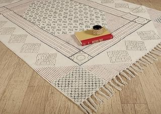 Ravaiyaa - Attitude is everything Cotton Block Print Traditional Area Rug (White, 6'3"x 4' Feet)