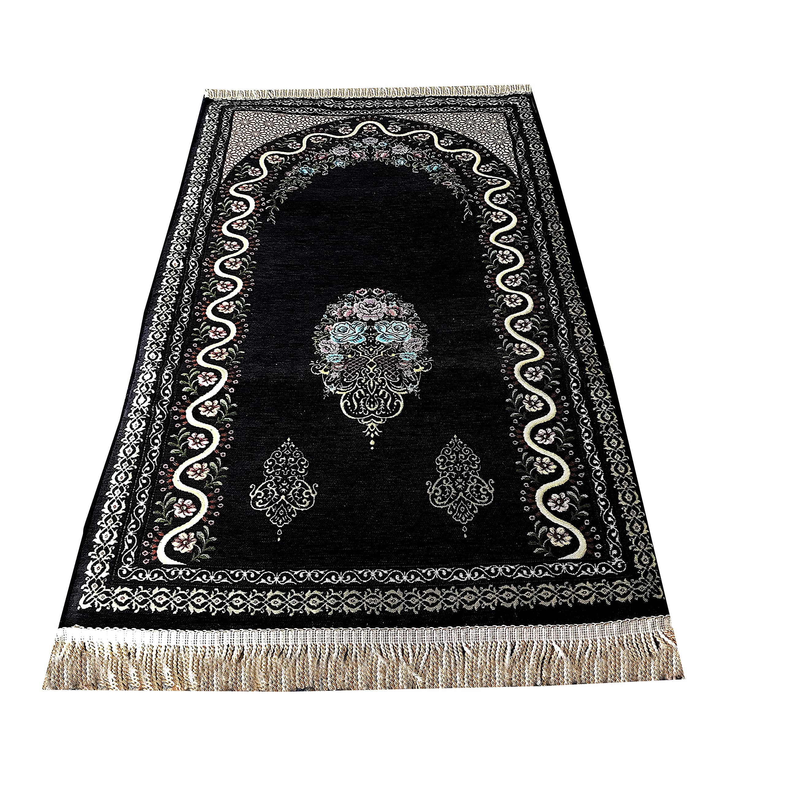 Mussallah Janamaz Tapis de prière épais rembourré en peluche douce antidérapante et confortable Motif floral Noir