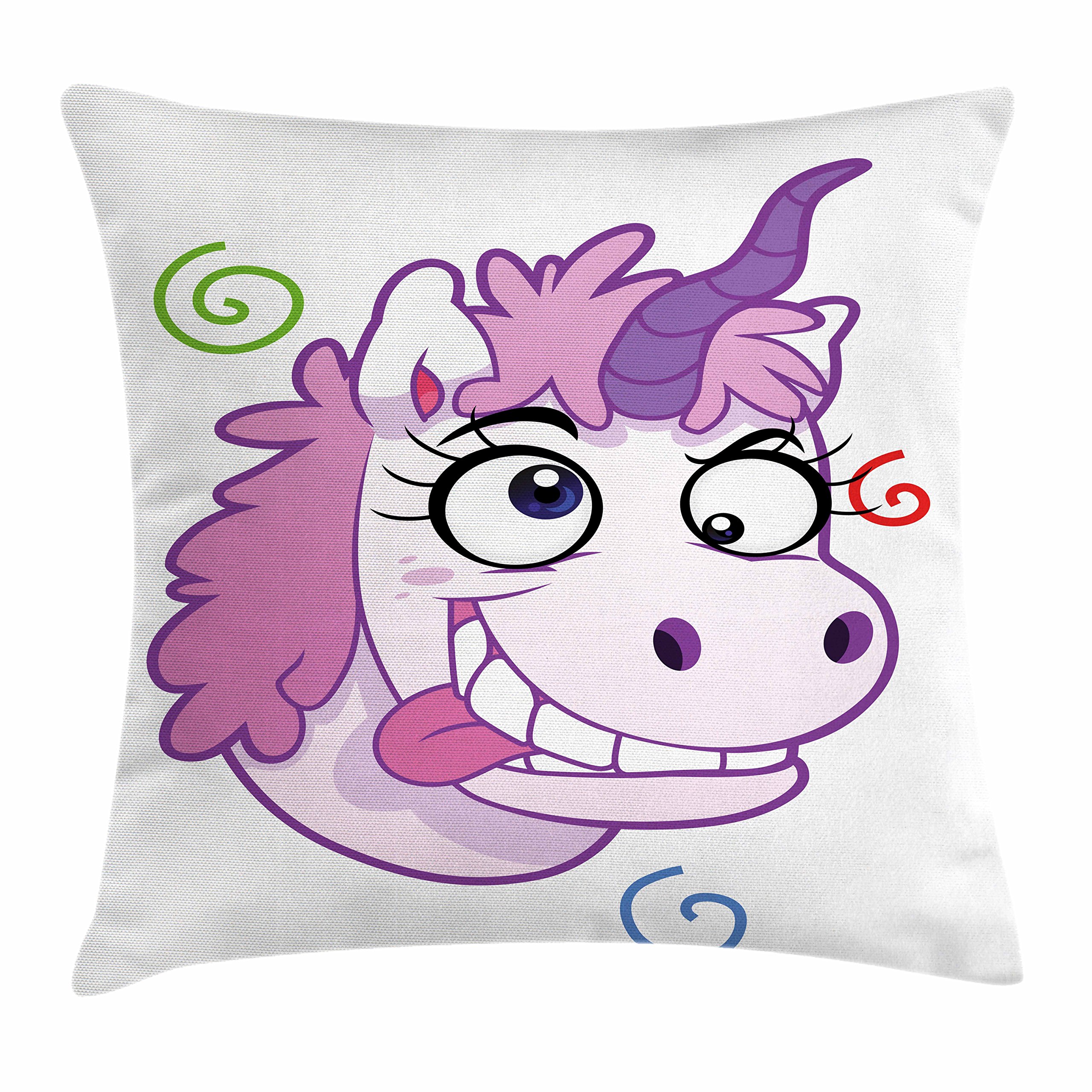 Lunarable Funny Throw Pillow Cushion Cover, Crazy Unicorn with Happy Face Girls Cartoon Life Bizarre Cartoon, Decorative Square Accent Pillow Case, 28