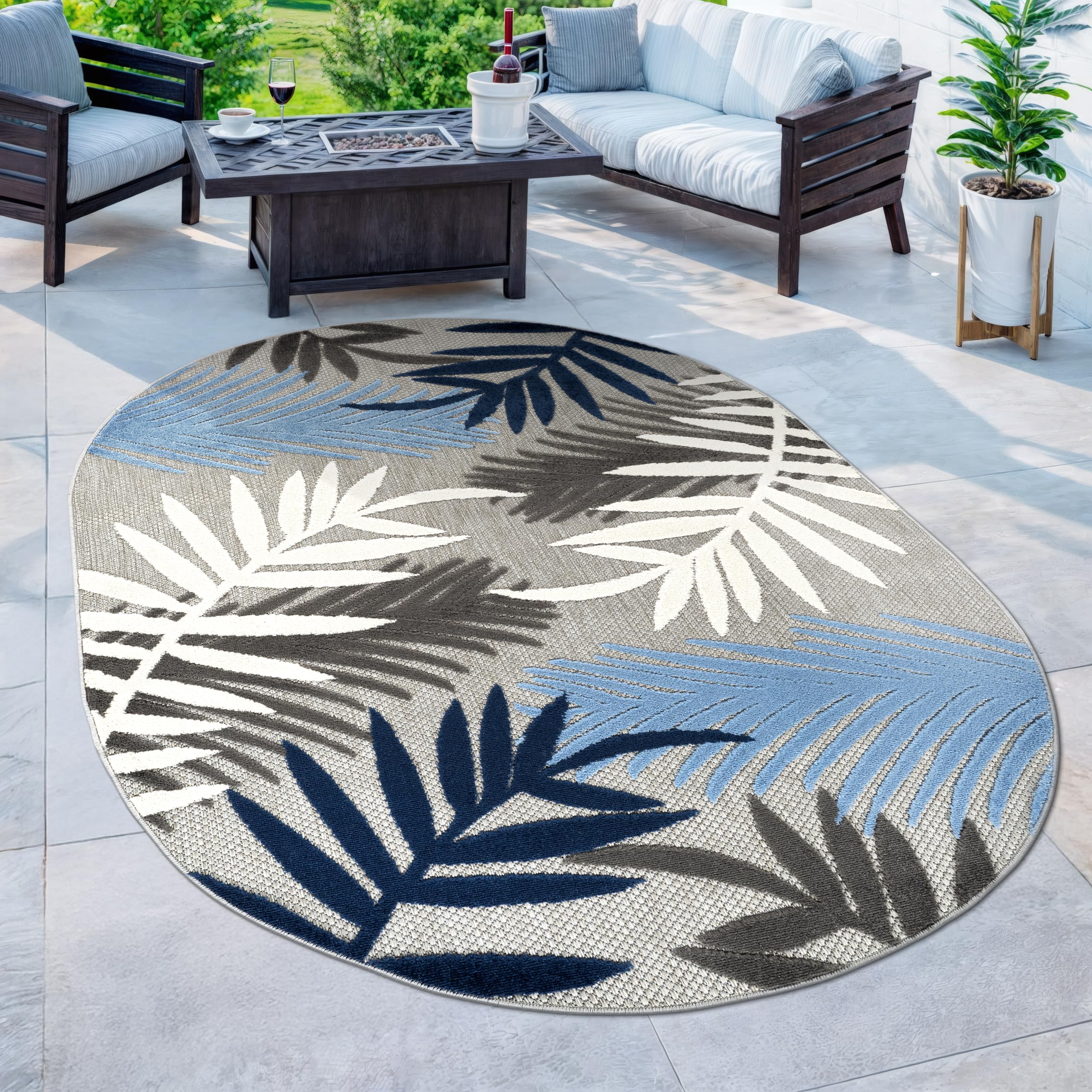 rugshop blue palm frond indoor/outdoor oval area rug easy cleaning for patio, deck and living room, 5' x 7' oval