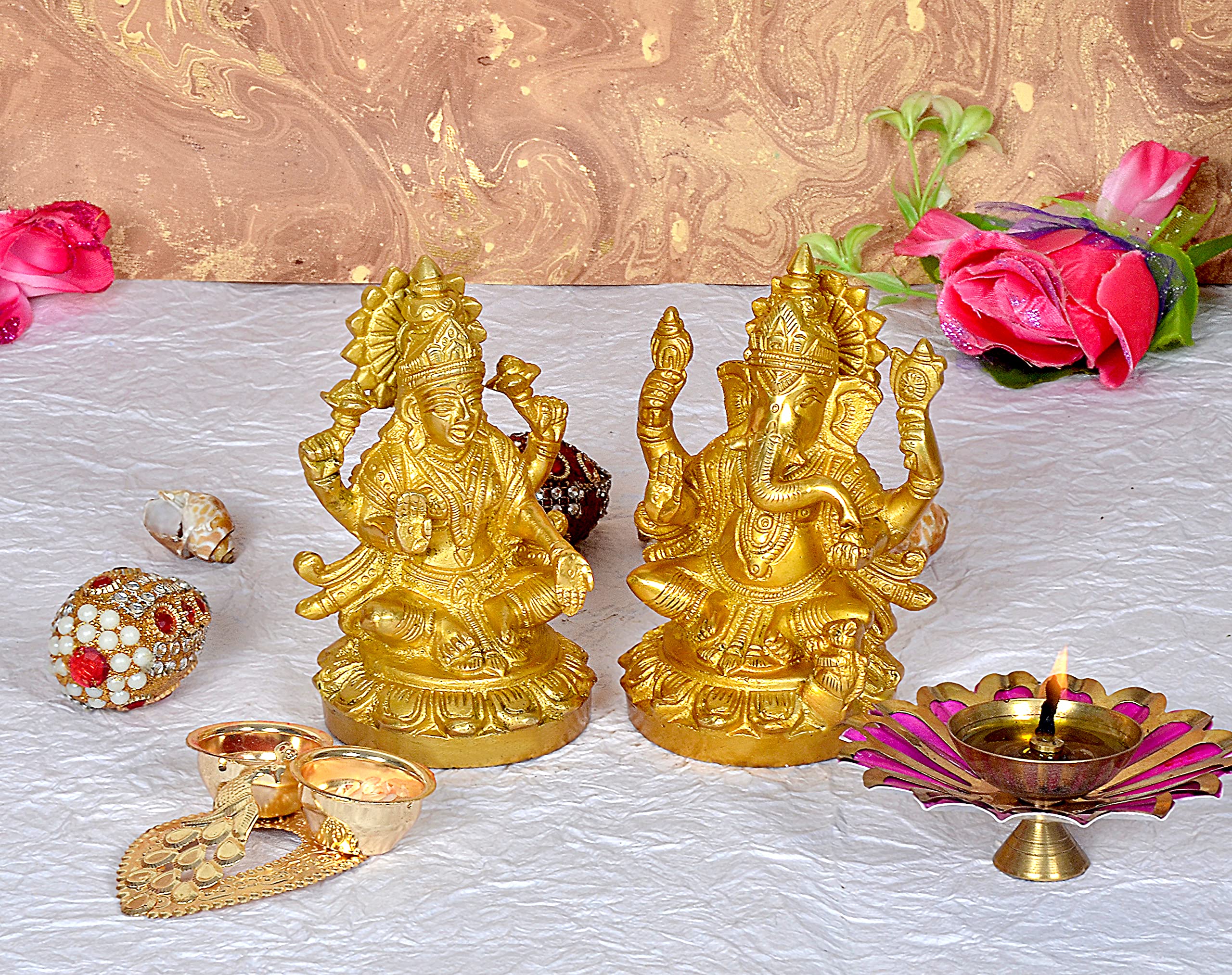 Statue Ganesha Lakshmi laiton doré 12,7 cm pour autel maison