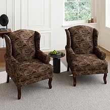 High Back Floral Accent Chairs Set of 2, Fabric Upholstered Armchair Retro Arm Club Chair for Living Room, Comfy Single Sofa Bedroom Reading Seat with Solid Wood Legs - Brown Cranberry
