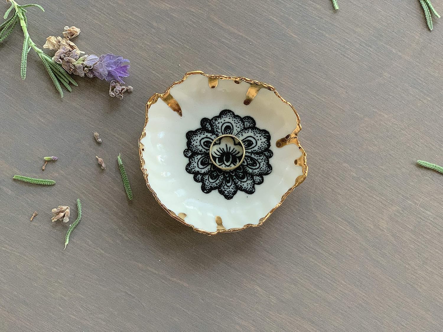 Black and Gold Lotus Flower Ring Dish, Handmade Trinket Bowl, Jewelry Gifts for Women, Unique Present for Her -Stock Photo, Please Read Description