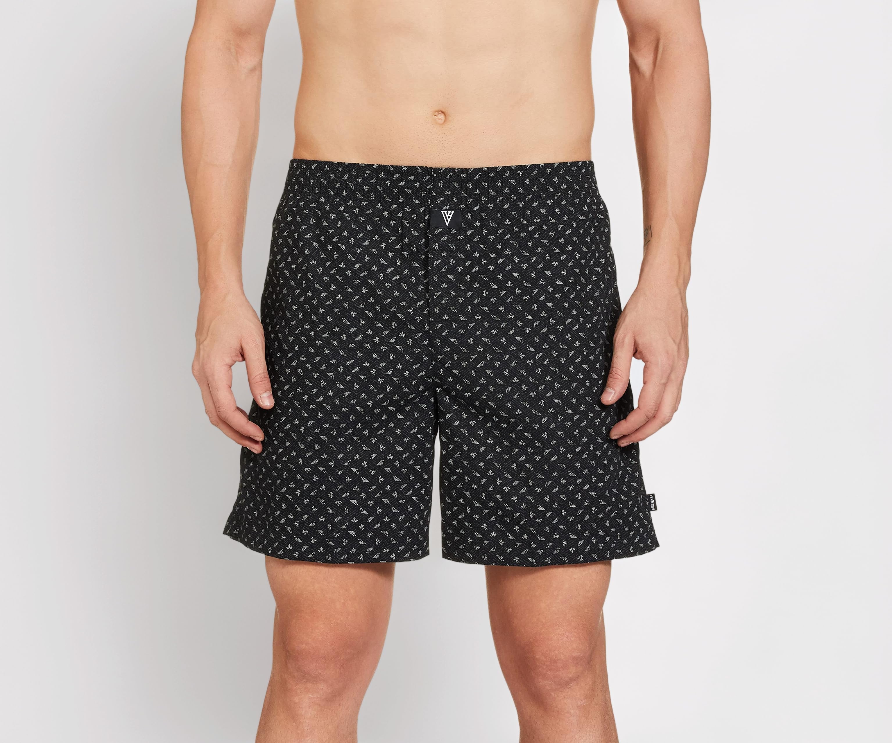 Men Boxer Shorts - 100% Combed Cotton - Allover Print, Side Pocket, Side Slits Black