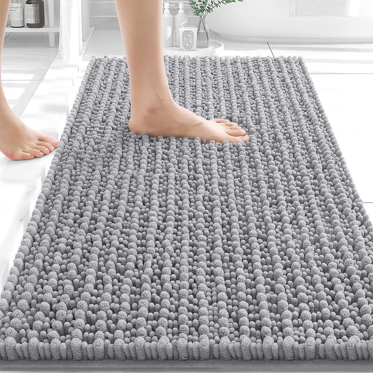 OLANLY Alfombras de baño de chenilla absorbentes, gruesas y suaves, 30 x 20 | Alfombra de baño gris peluda con respaldo de goma de secado rápido, lavable a máquina para piso, bañera y ducha, accesorios de decoración del hogar