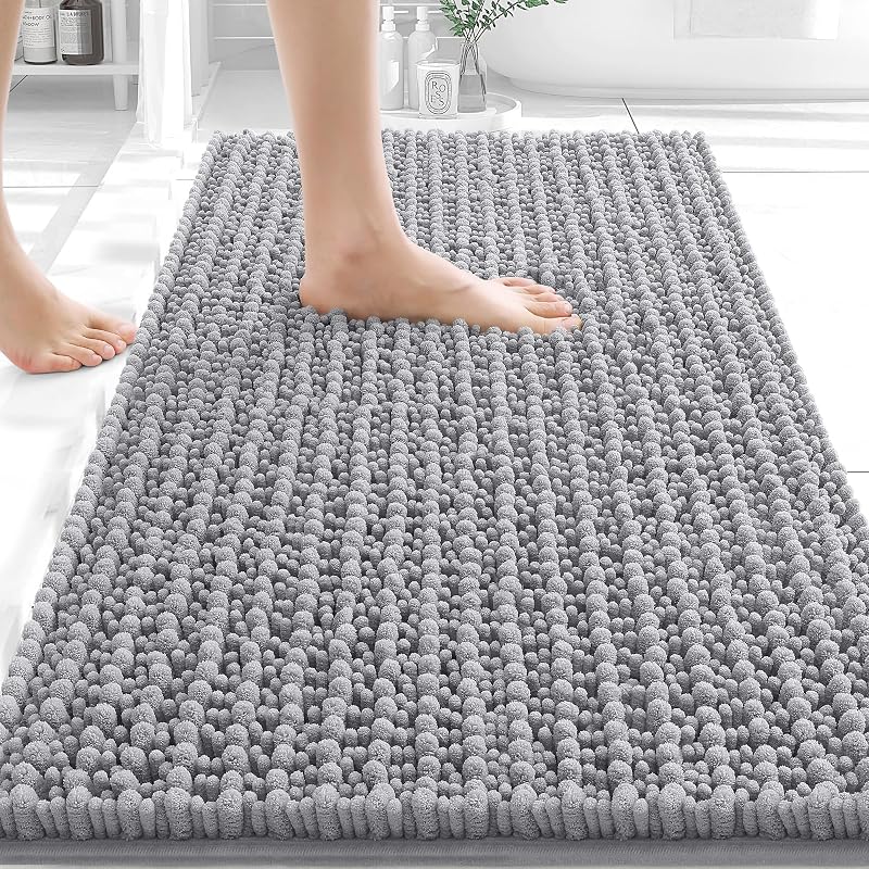 OLANLY Alfombras de baño de chenilla absorbentes, gruesas y suaves, 30 x 20 | Alfombra de baño gris peluda con respaldo de goma de secado rápido, lavable a máquina para piso, bañera y ducha, accesorios de decoración del hogar