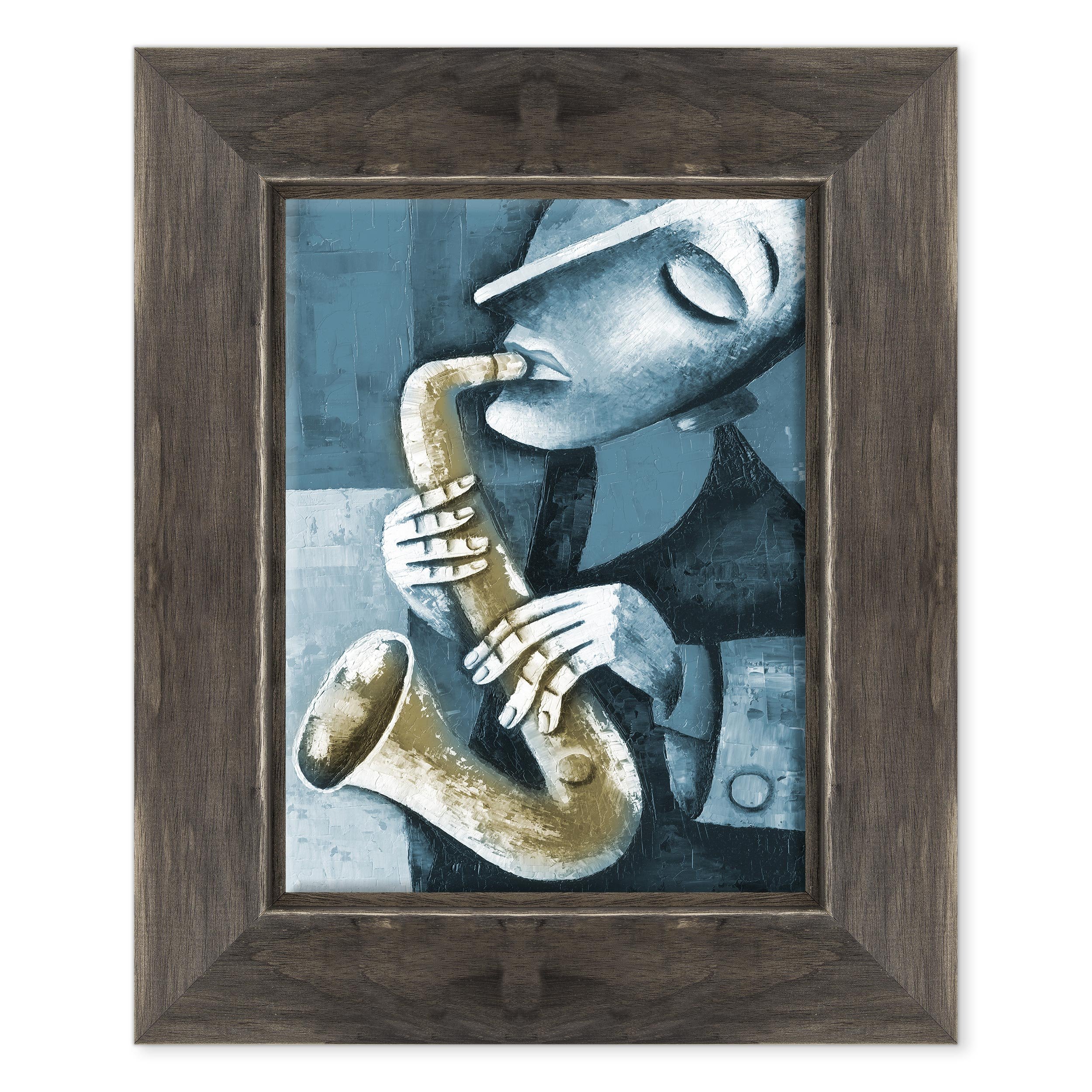 Quadro su Tela Canvas INTELAIATO - con Cornice - Musica Jazz Sax - Illustrazione Disegno Effetto Olio Dipinto - 30x40cm - Stile Country Nero Shabby - (cod.1167)