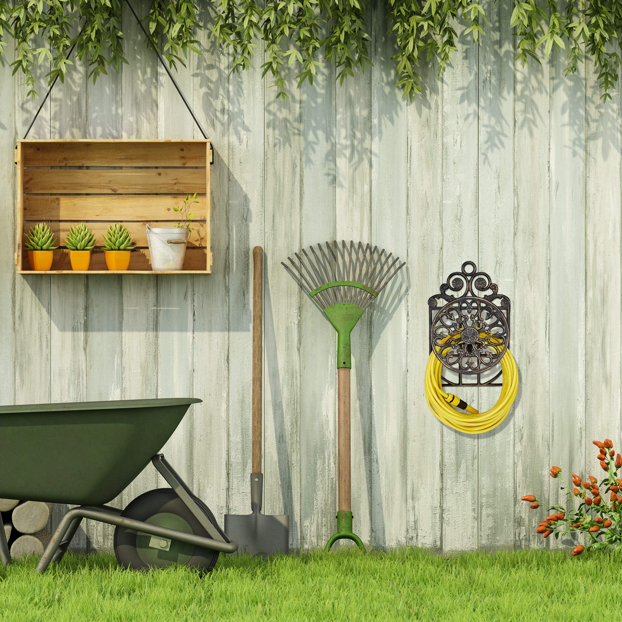Relaxdays Porte tuyau arrosage support tuyau arrosage fonte fer HxlxP: 50 x 32 x 20 cm, bronze