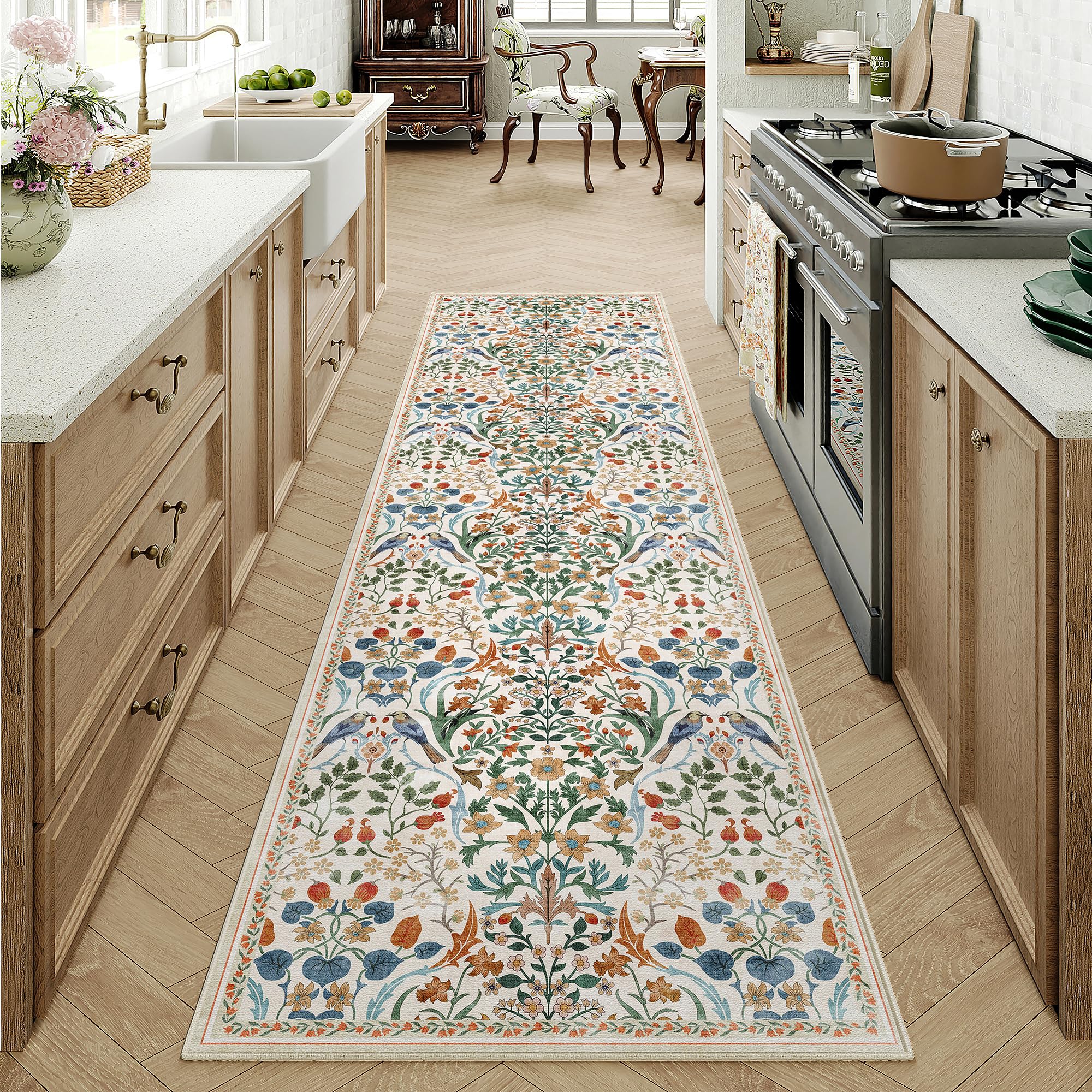 PureCozy Waschbarer Teppich Wohnzimmer Vintage Böhmischen Kariert Flower Tepich