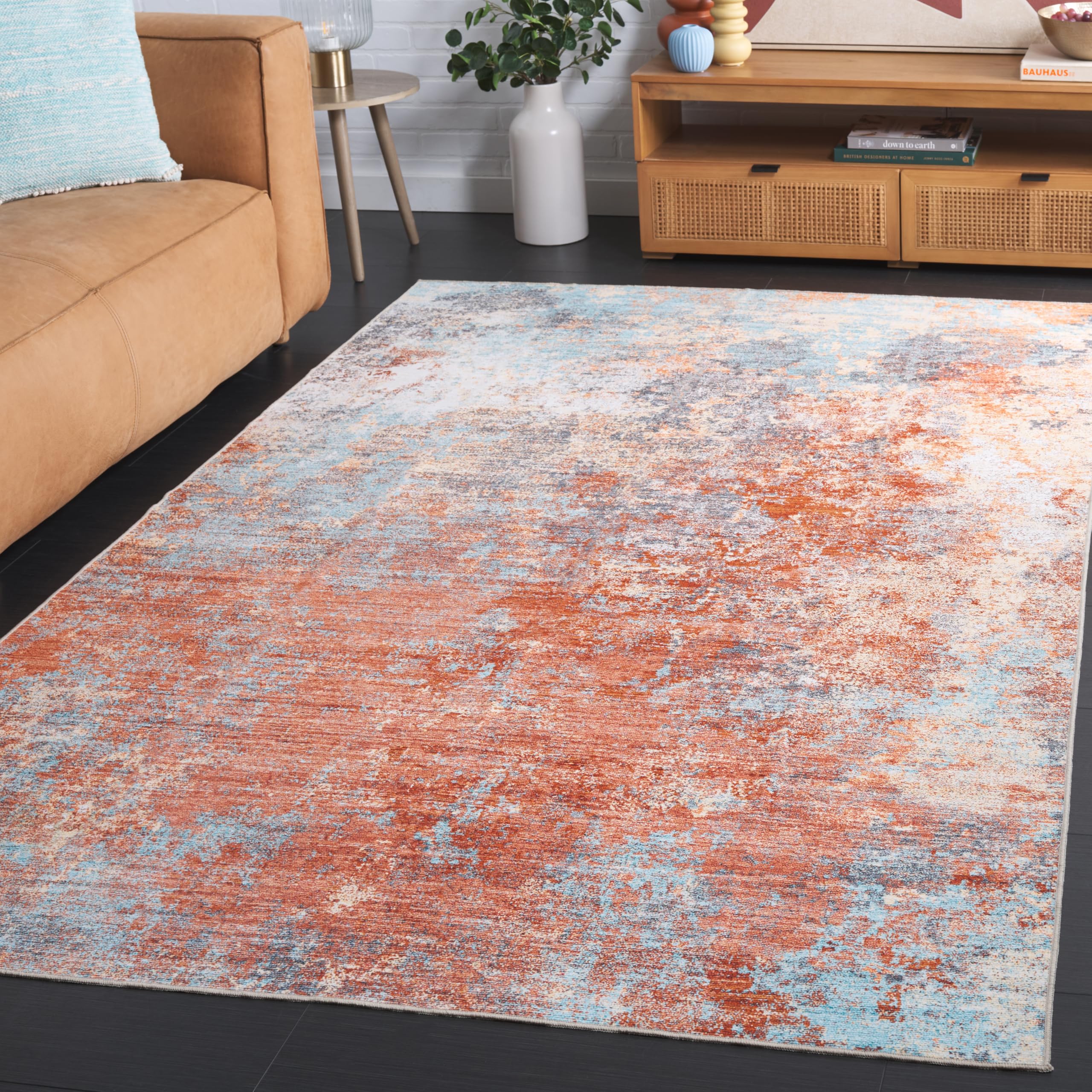 SAFAVIEH Washable Rug Malibu Collection - Large- 8' x 10', Rust & Aqua, Slip Resistant & Easy Cleaning, Ideal for in Living Room, Bedroom, Home Office
