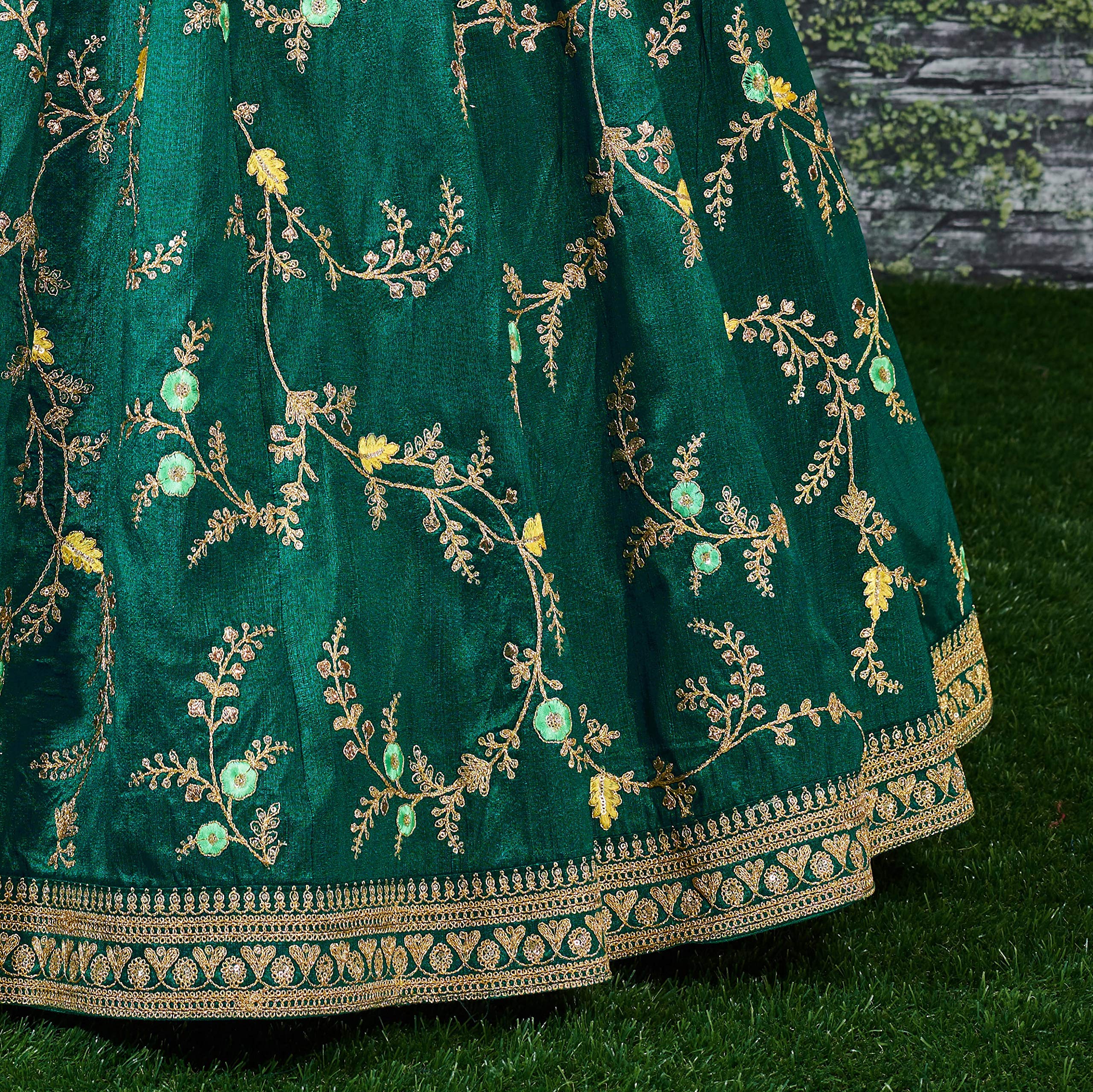 Zeel Clothing Women's Faux Silk Semi stitched Lehenga Choli (7025_Green_Free Size) 2