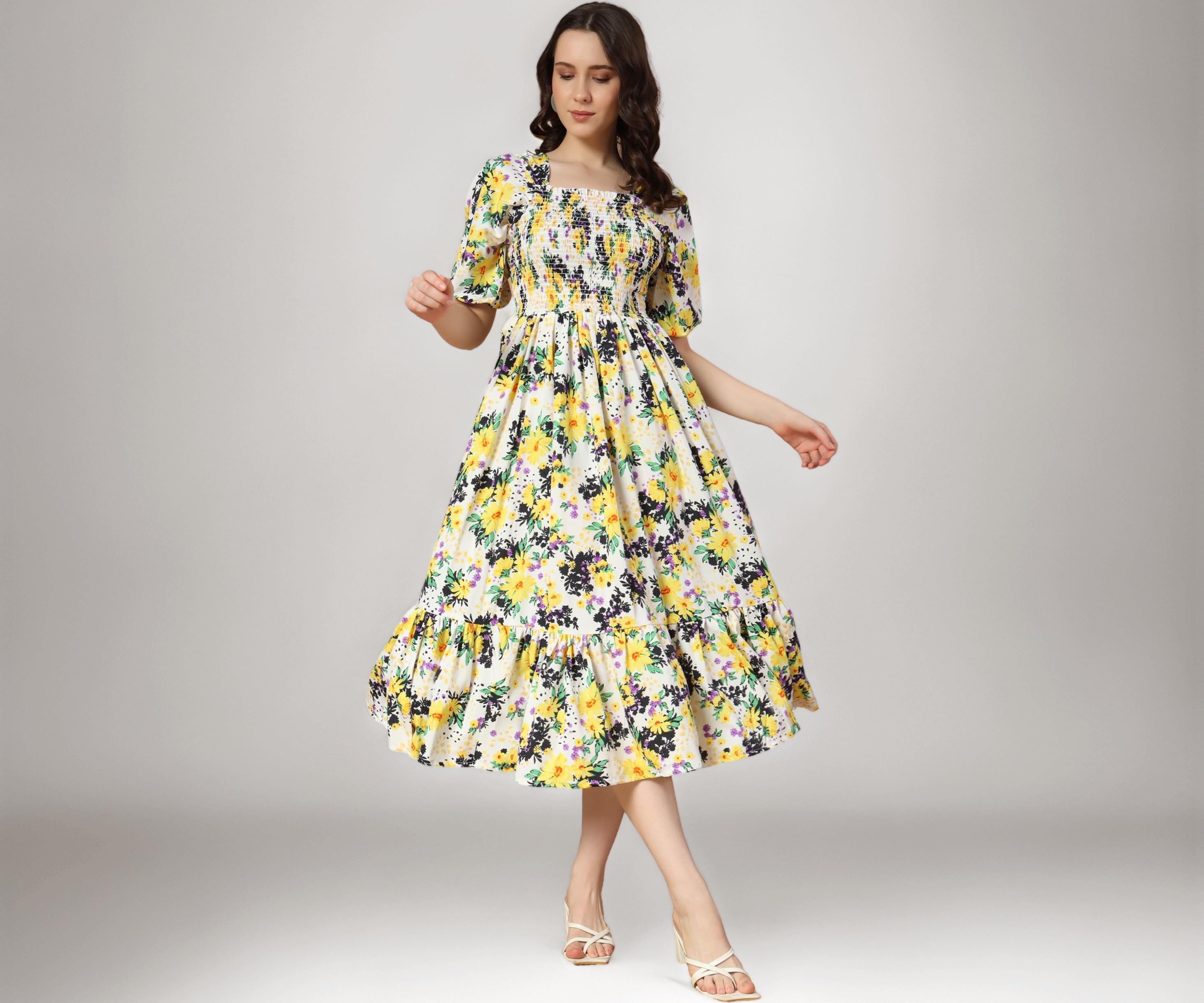 | Floral Print Midi Dress | Beautiful Floral Design | Ideal for Casual, Work Fit & Comfortable Elastic & Fabric | Suitable for Women's