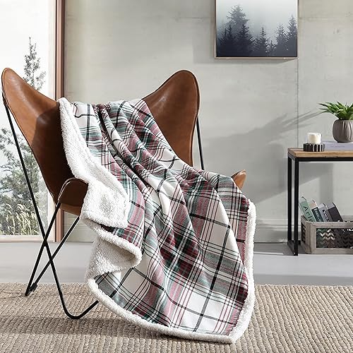 Eddie Bauer - Throw Blanket, Cotton Flannel Home Decor, All Season Reversible Sherpa Bedding (Montlake Plaid Red, Throw)