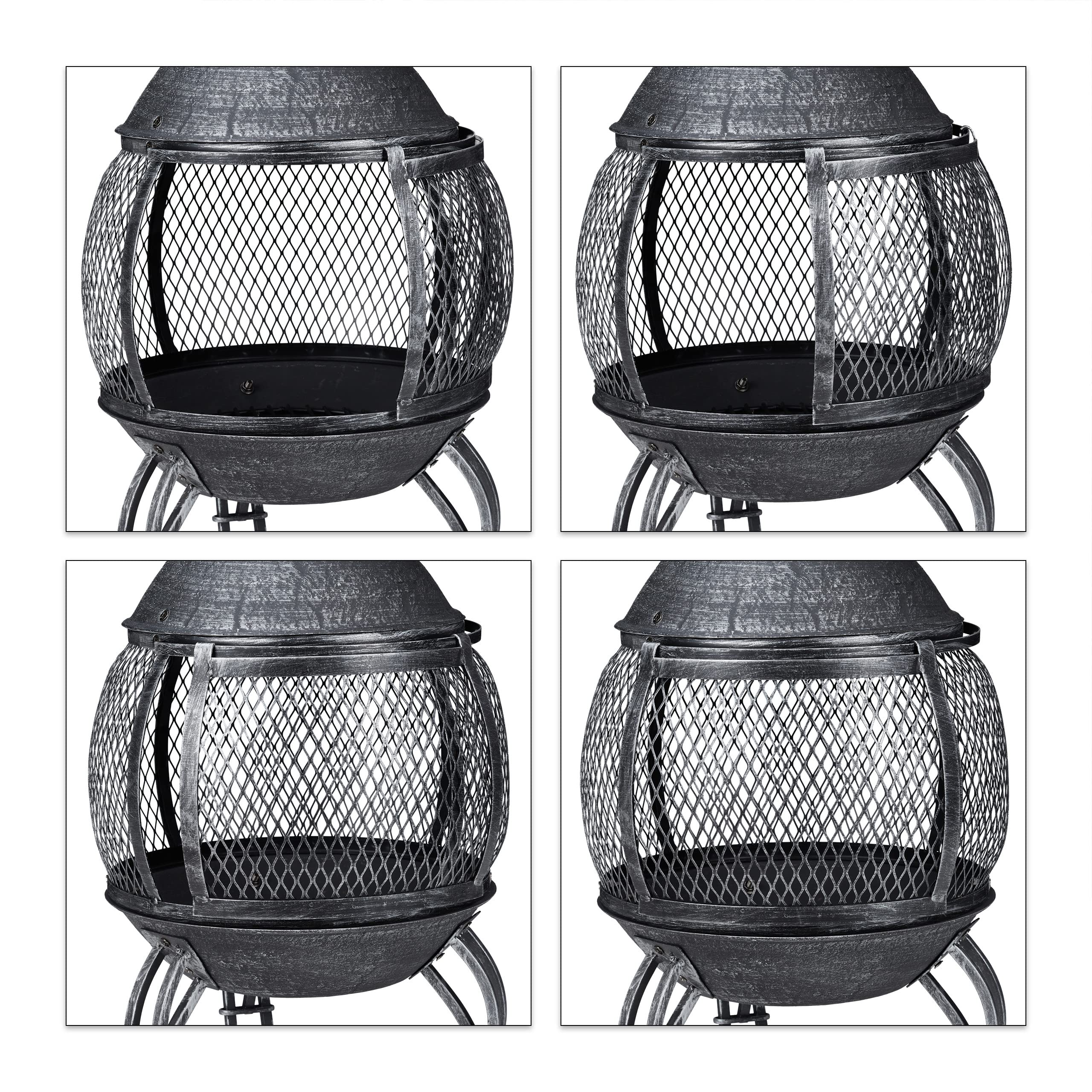 Forno Azteco Relaxdays Camino da Giardino HLP 88x42x42 Acciaio Argentato con Griglia Parascintille e Coperchio