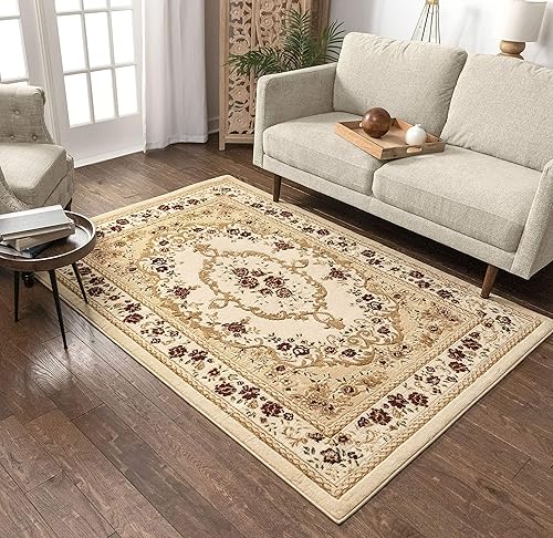 Miniatura 8 de Well Woven Aubusson - Alfombra de medallón floral marfil (3 pies 3 pulgadas x 5 pies) - Alfombra atemporal francesa, tradicional, fácil cuidado y