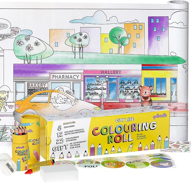 qollorette Colouring Set for Children Including Roll, Colored Pencils, Crayons and Stickers City Life- Craft Kit Gift for Kids, 480 x 29cm (16 feet)
