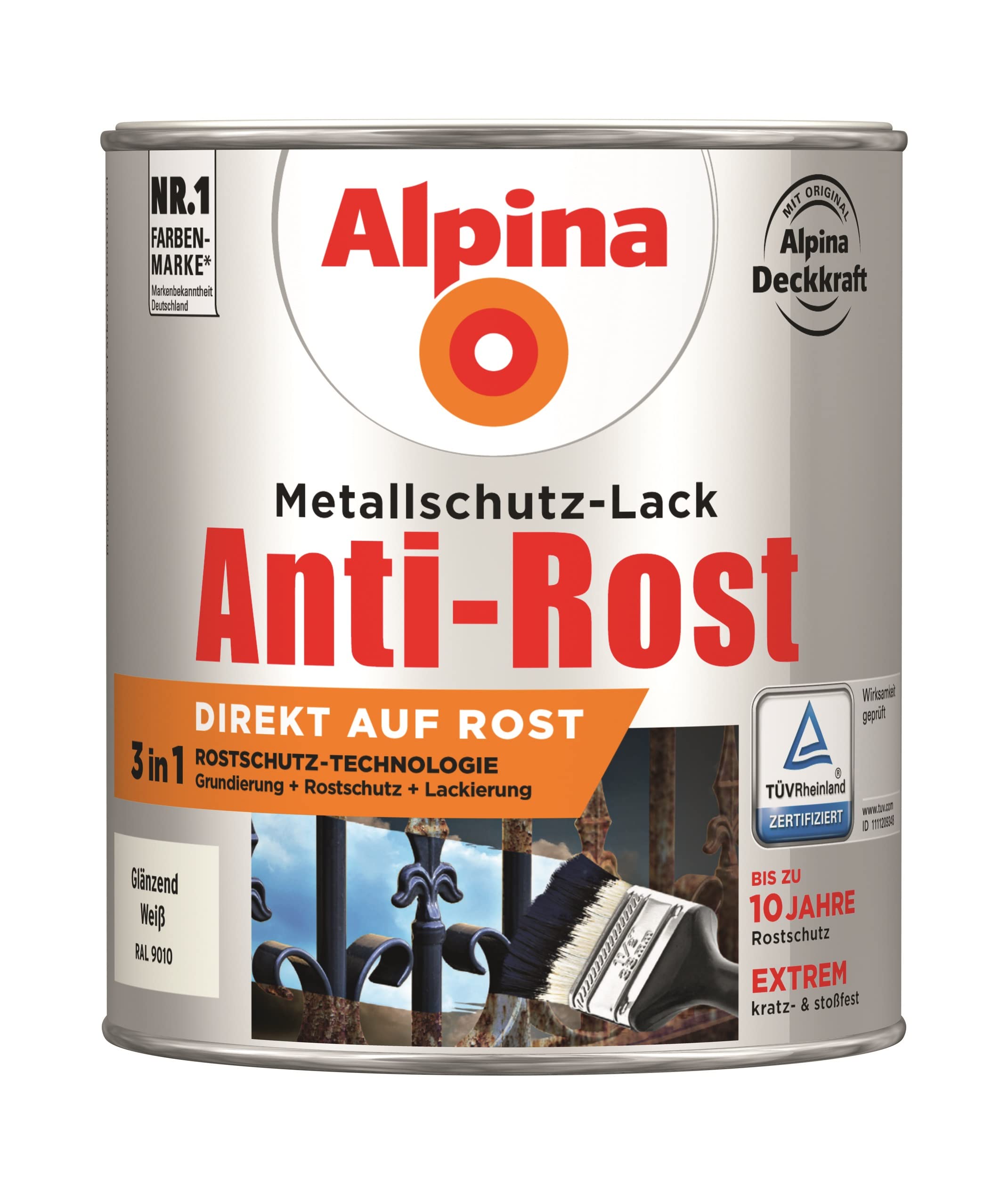 Alpina Metallschutzlack Anti-Rost Weiß 750ml glänzend