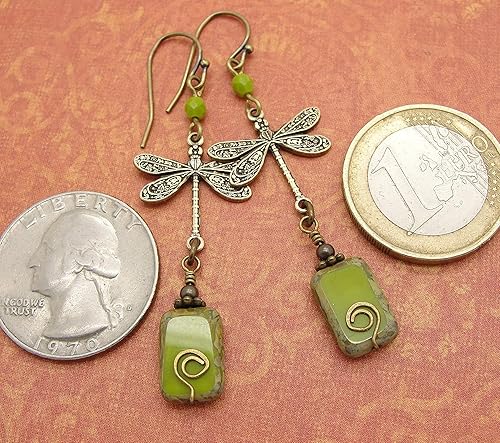 Miniatura 5 de Boho Dragonfly Earrings in Olive Green and Brass 2.25 Inches Long