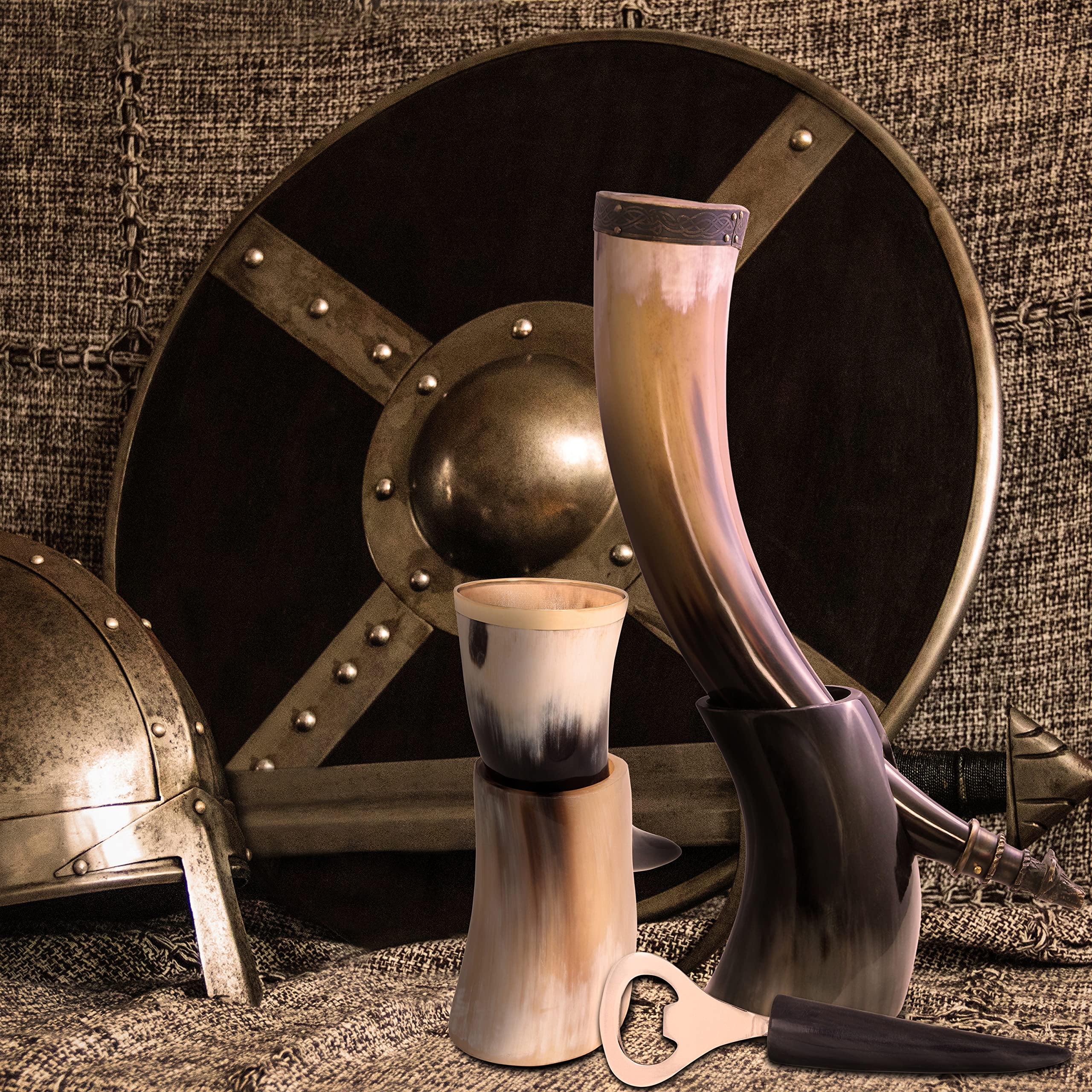Auténtico cuerno para beber vikingo, trago de cuerno, abridor de botellas (juego de 3 piezas) | Auténtico cuerno medieval para beber | Bolsa de regalo de lino incluida Lobo, pulido 16 oz
