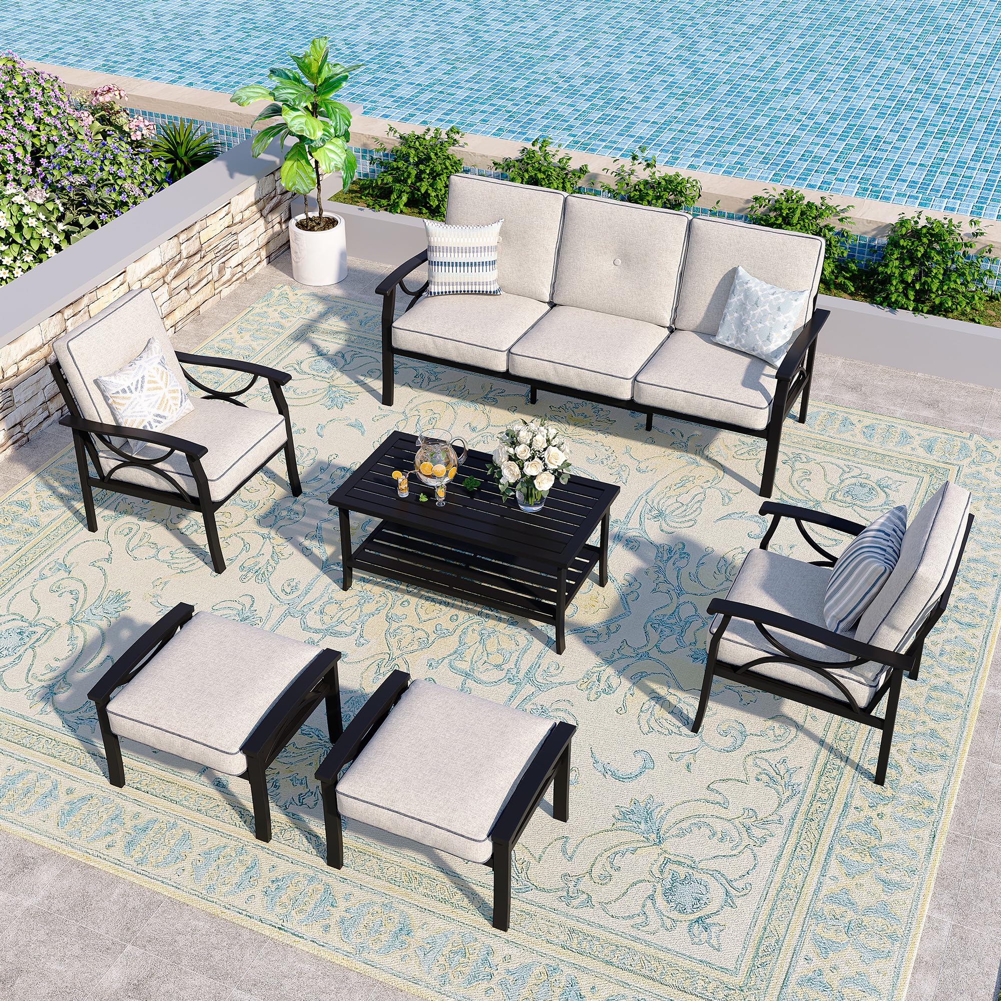 FansaFurn 6-Piece Outdoor Patio Furniture Set, Outdoor Metal Sectional Furniture with Cushions, Outdoor Conversation Seating Set with Coffee Table for