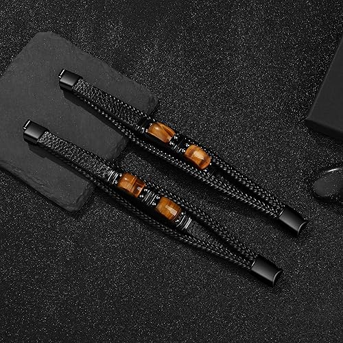 Miniatura 6 de Mens Leather Bracelets for Him Son Birthday Gift for Boyfriend Husband Brother Father's Day Gifts for Dad To My Men Bracelet with 2 Tiger Eyes for