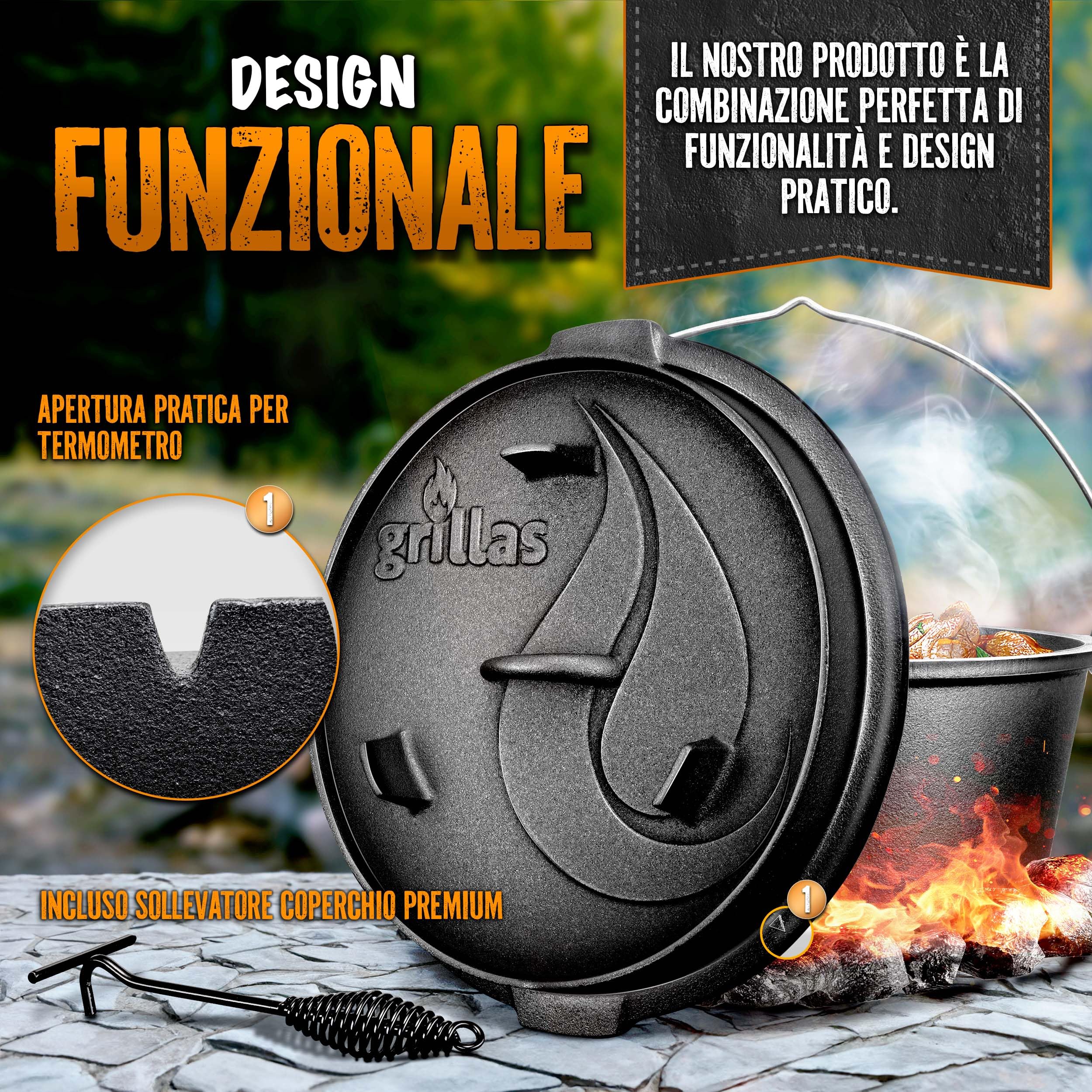 grillas® Pentola Olandese | Dutch Oven | Forno Olandese | Pentola da Fuoco | Casseruola in Ghisa