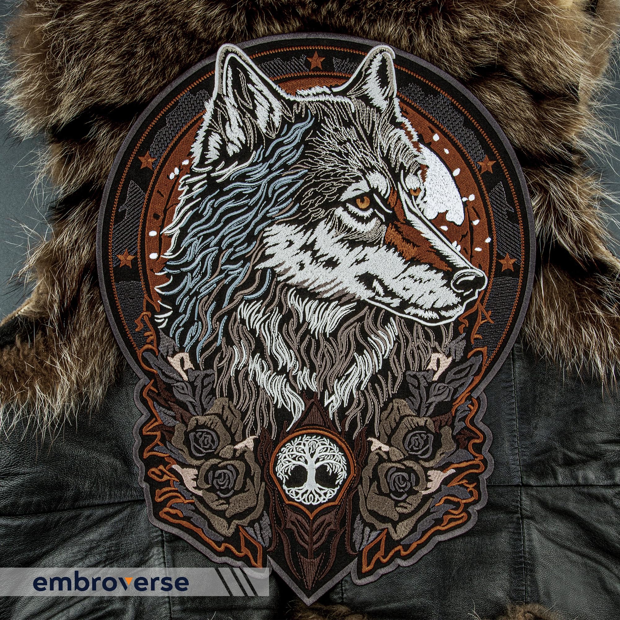 EMBROVERSE Totem Wolf Lebensbaum Rückenaufnäher, Bestickt zum Aufbügeln