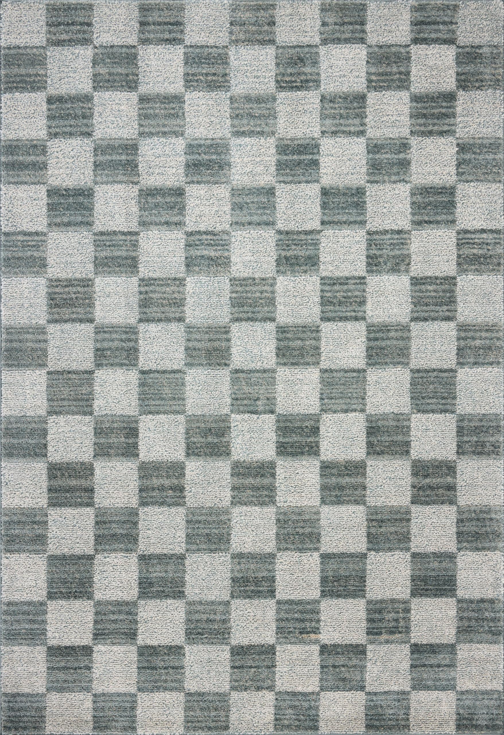 Condition photo showing New/Like New for Loloi Chris Loves Julia Calvin Collection CLV-01 Blue/Ivory 7'-10" x 10' Area Rug Checkered Neutral Soft Living Room Bedroom Carpet