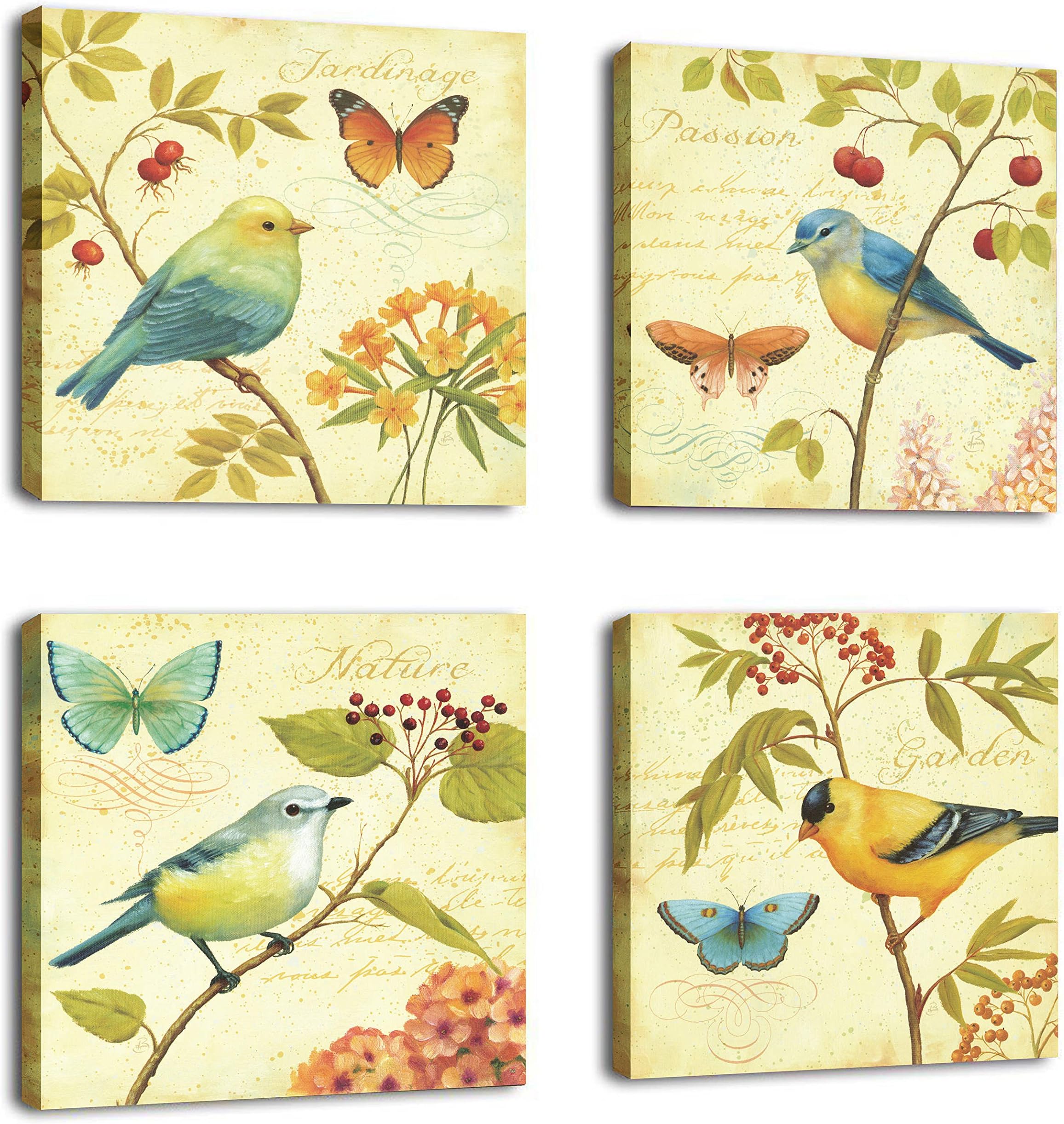 CUFUN Art-Bird and Flower 4 Piece Stretched and Framed Artwork Landscape Bird Singing Pictures Paintings on Canvas Wall Art for Living Room Bedroom Home Decorations (40x40cmx4pcs)