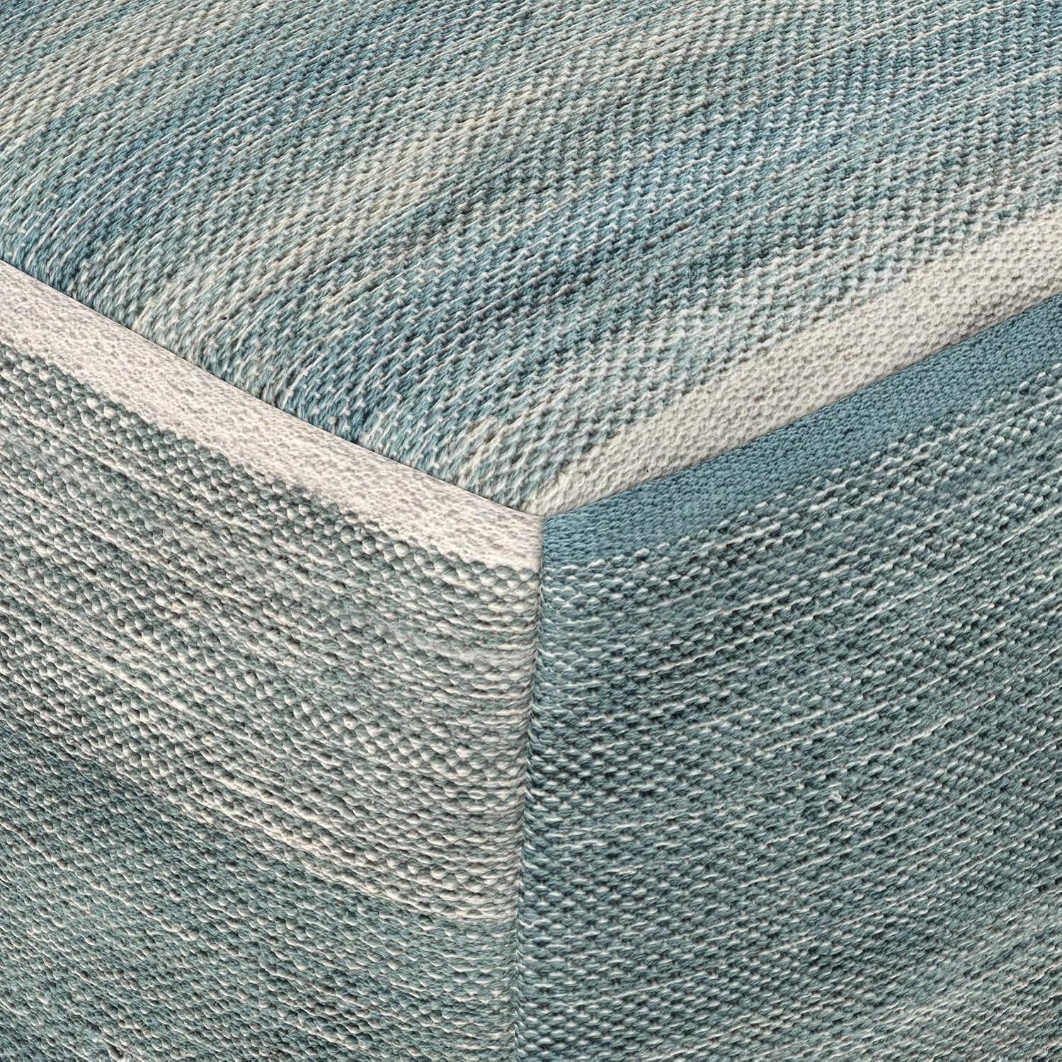 SIMPLIHOME Naya Cube Pouf - 16 inch Wide Upholstered Handwoven Cotton Ottoman in Blue Melange, Boho Footstool or Extra Seating for Living Room or Bedroom with Polystyrene Filling, Assembled