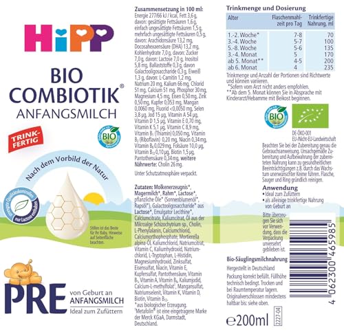 HiPP PRE Bio Combiotik trinkfertig (6 x 200ml), Anfangsmilch von Geburt an, enthält nur Lactose als Kohlenhydrat, in bester Bio-Qualität