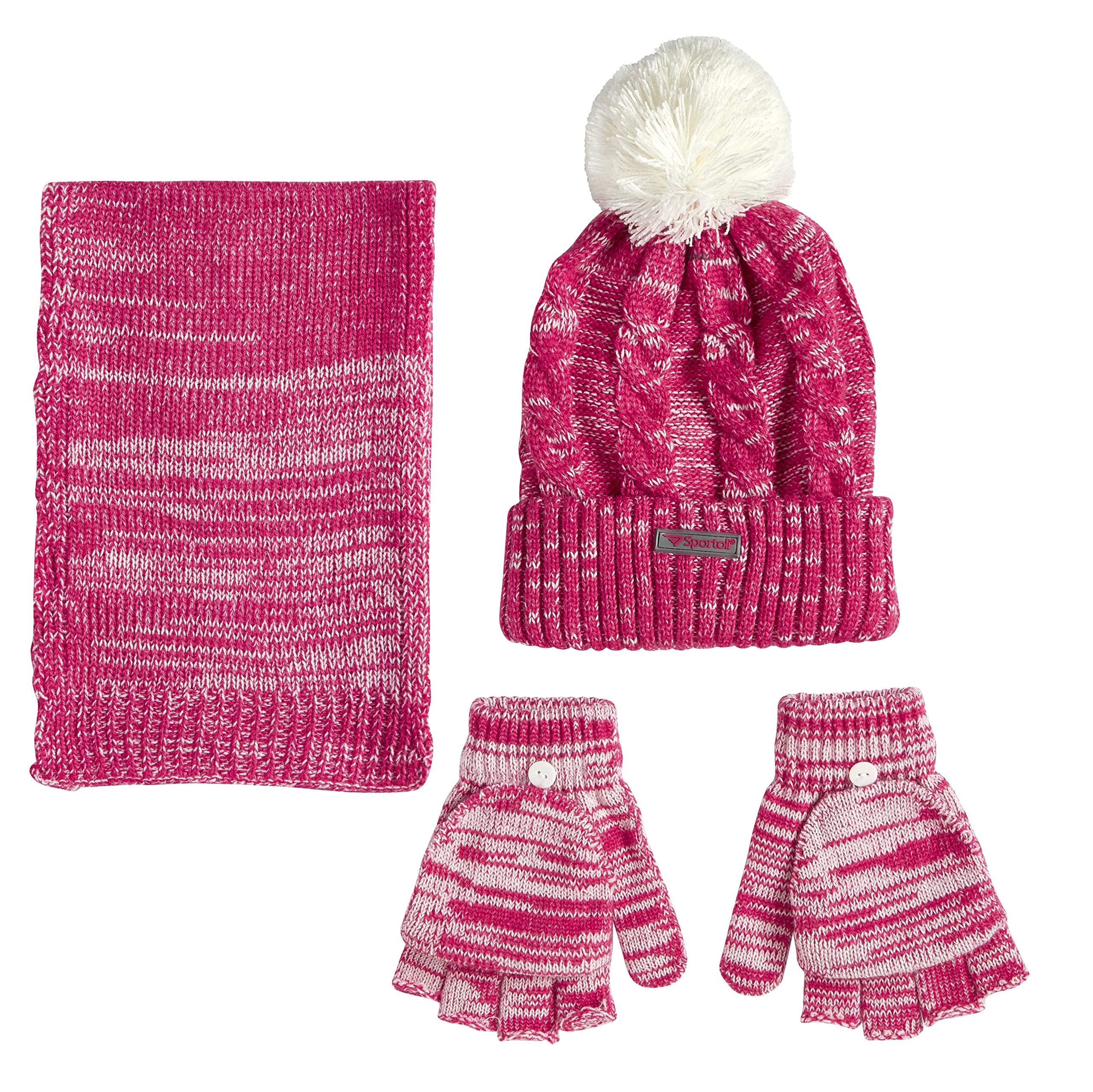 Sportoli Women’s Girls’ kids 3-Piece Cable Knit Cold Weather Set Hat Scarf Glove - Pink (Size Teens / 8-16 Yrs)