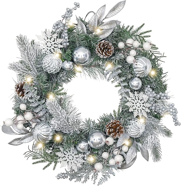 Valery Madelyn 18inch/45cm Pre-lit Christmas Wreath for Front Door, Frozen Winter Silver White Wreath with Baubles and Pine Cone, Xmas Reef with Led Lights and Timer Function for Christmas Decoration
