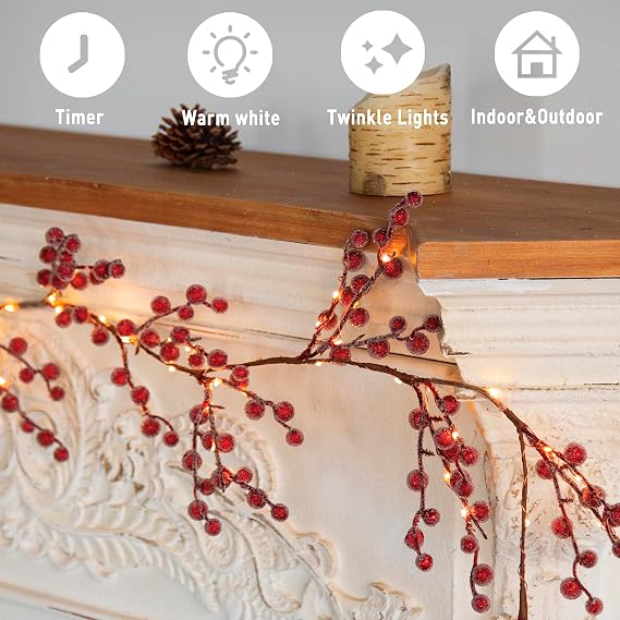 EAMBRITE Lighted Red Berry Garland, 6 FT 88 LED Christmas Garland with Warm White Lighs, Battery Operated Garland with Timer Christmas Decorations for Fireplace Mantle Mantel Indoor Outdoor Use