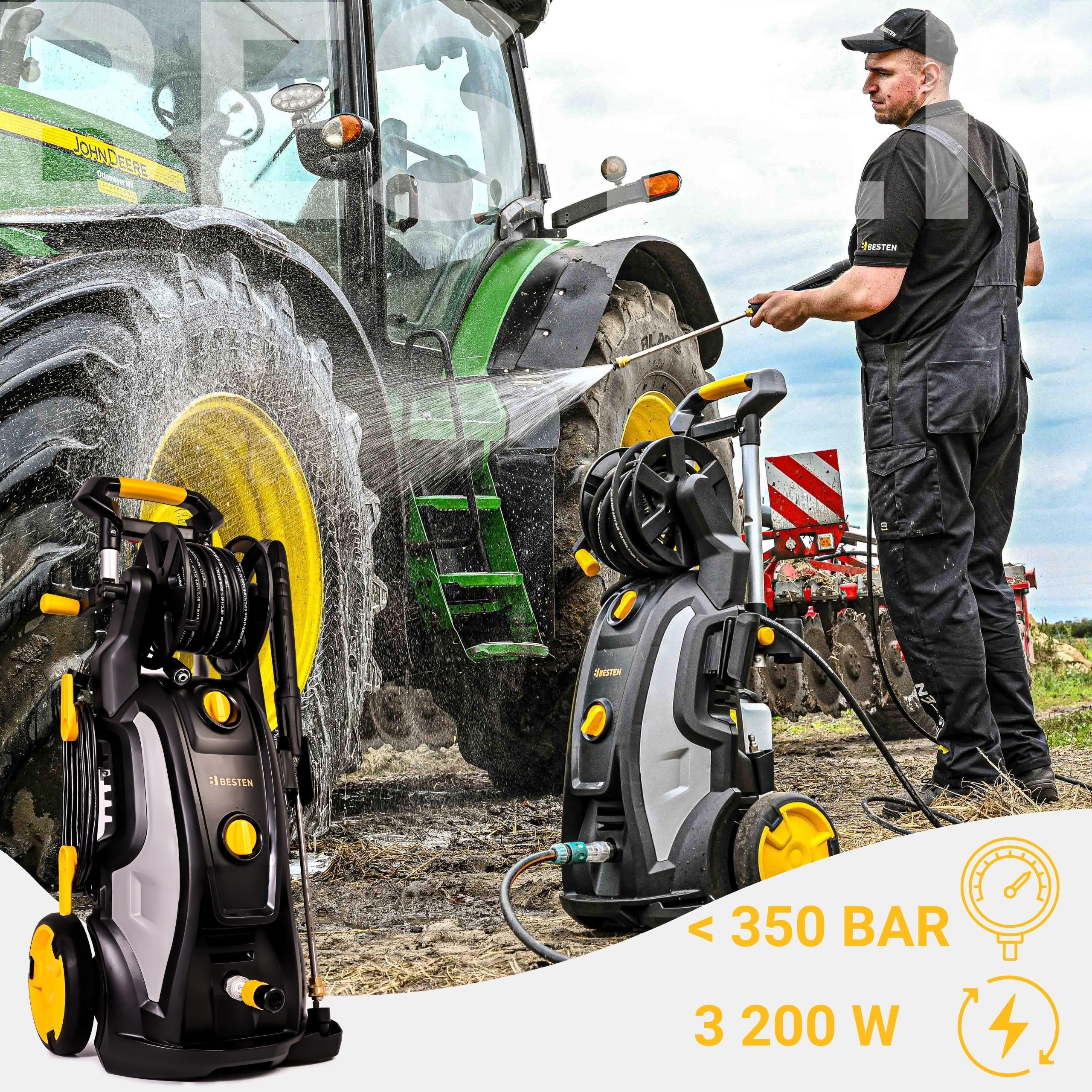 Myjka ciśnieniowa 350 bar 3200 W • silnik indukcyjny + pompa mosiężna • zestaw PRO (10 m wąż, turbo dysza, szczotka auto, szczotka do kostki w zestawie) BESTEN