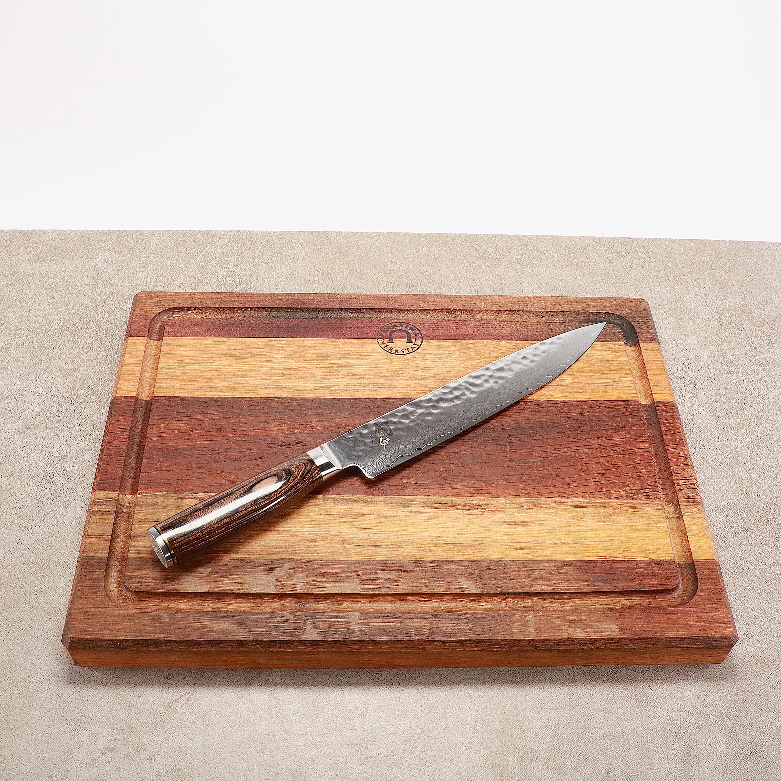 Palatina Werkstatt ® Kai Shun Premier Tim Mälzer TDM-1704 - Set di coltelli damascati ultra affilati + grande tagliere massiccio di Kai, 40 x 30, Acciaio, TDM-1704 Schinkenmesser