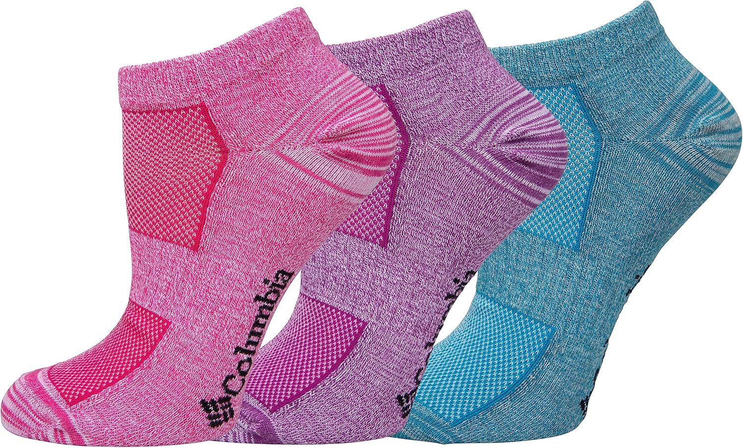Columbia Women's Flat-Knit No-Show Space Dye Socks 3 Pair, Haut/Purple/Deep Blue, Women's 4-10