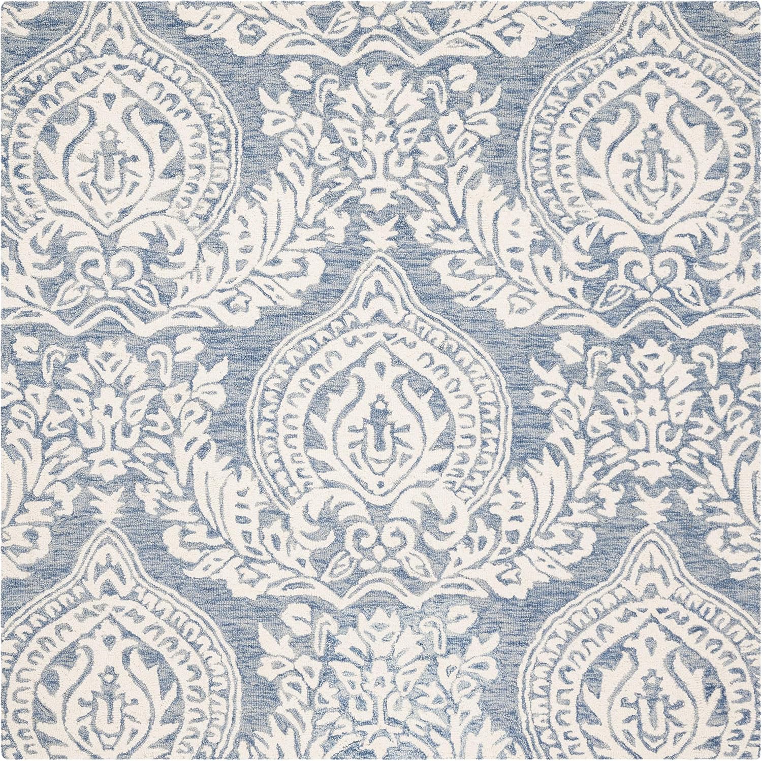 SAFAVIEH Micro-Loop Collection Accent Rug - 2'6" x 4', Blue & Ivory, Handmade Damask Wool, Ideal for High Traffic Areas in Entryway, Living Room, Bedroom (MLP512M)