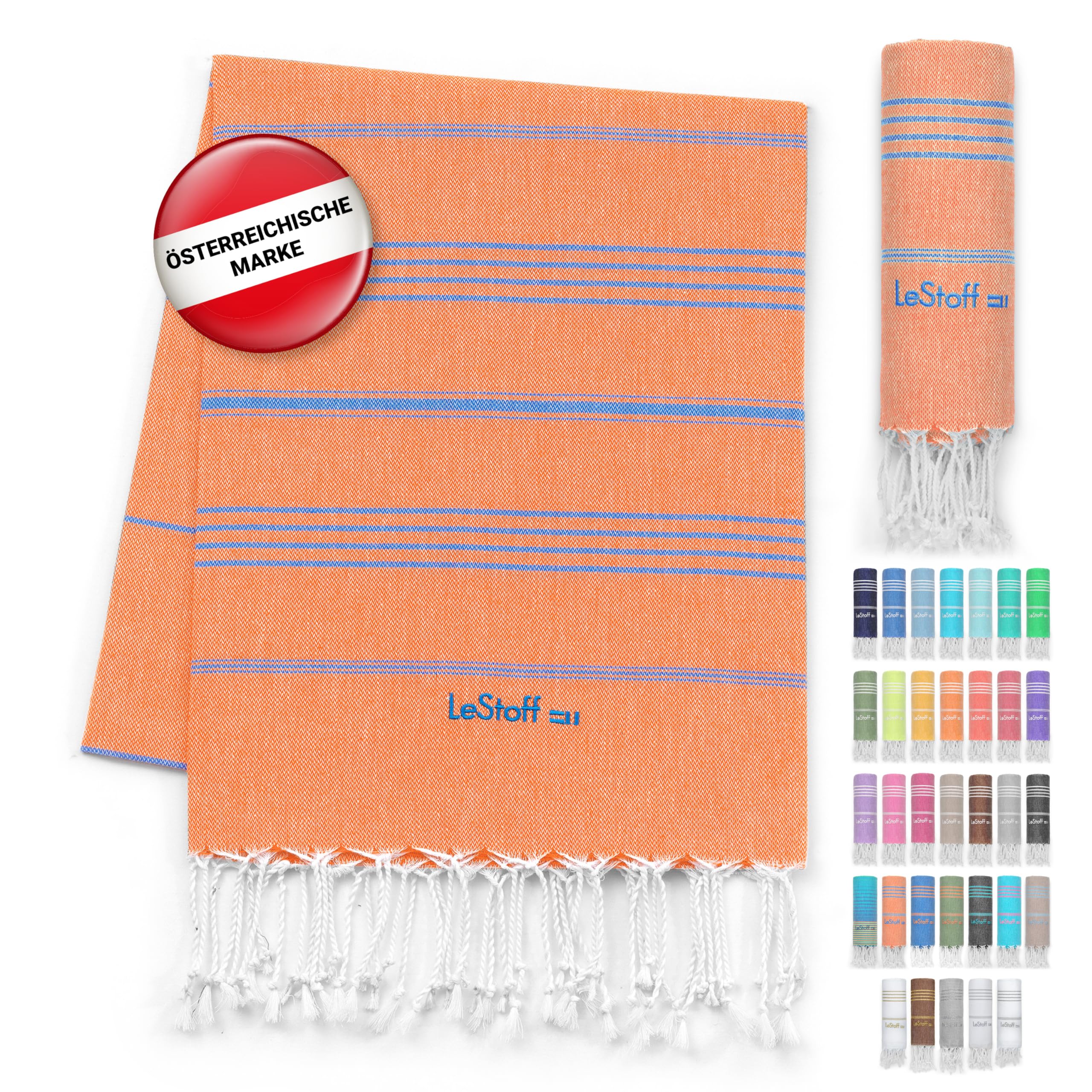 LeStoff Hamamtuch - 100% Bio-Baumwolle, 95 x 180 cm, Vorgewaschen, Saugstark, Schnelltrocknend, Leicht, Kompakt, Sporthandtuch, Fitness Handtuch, Yoga Handtuch, Handtuch groß (Orange - Blau)