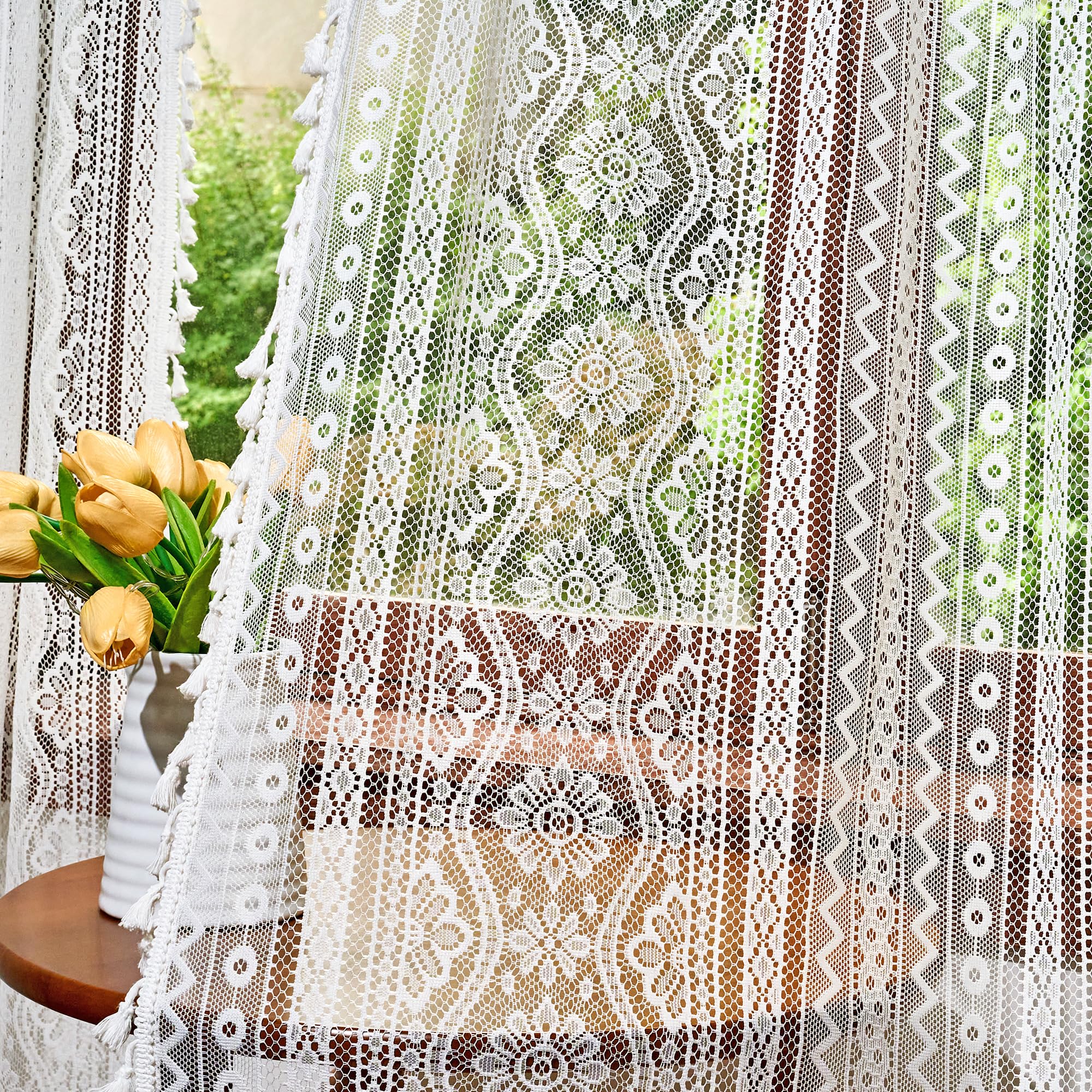 MYSKY HOME White Lace Sheer Curtains with Tassel 72 inch Long 2 Panels Vintage Floral Bohemian French Crochet Geometry Striped Light Filtering Privacy Rod Pocket Drapes for Living Room Bedroom, 55" W
