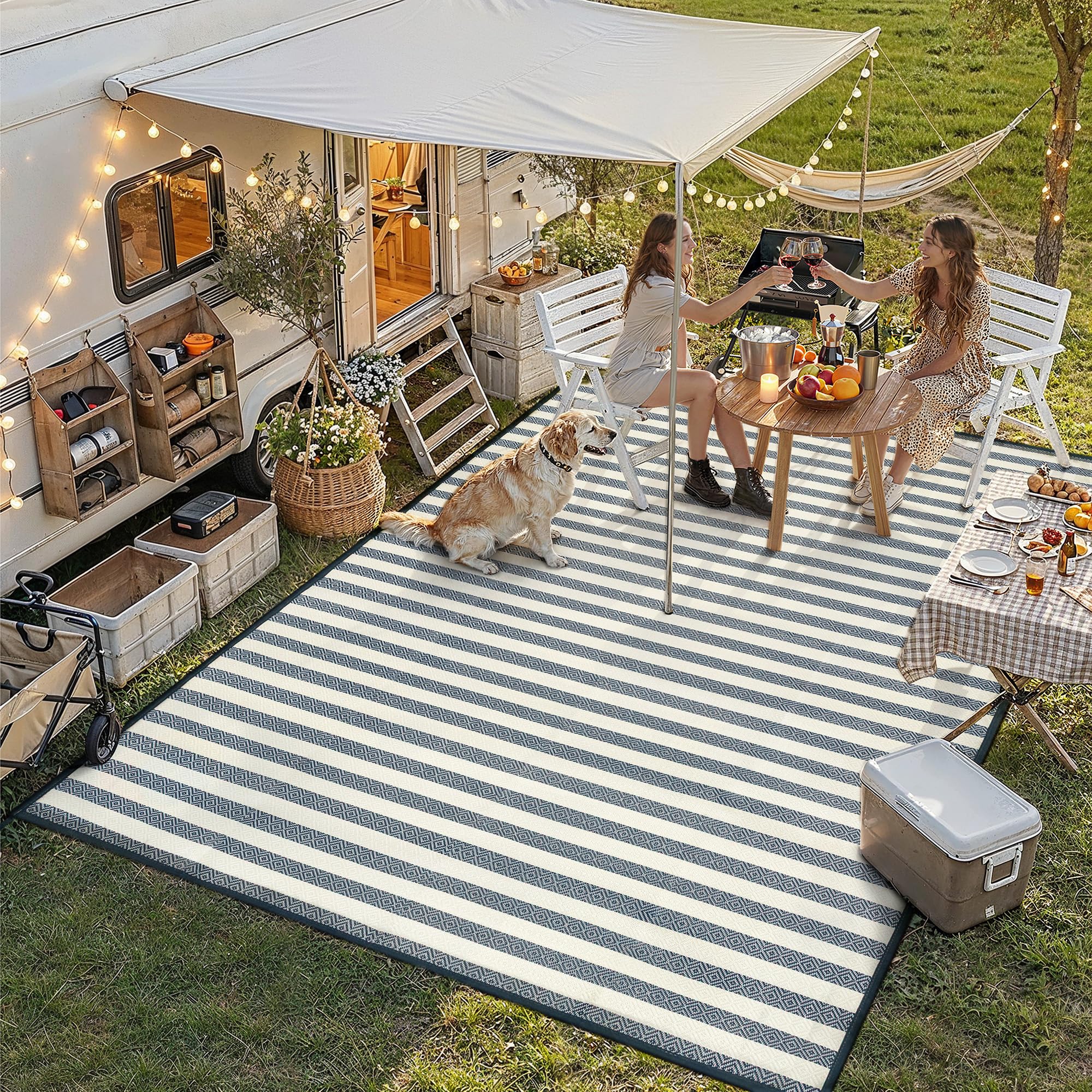 hugear 9'x12' outdoor rug waterproof plastic straw rugs large blue stripe reversible mat floor carpet for camping rv deck entryance porch picnic balcony beach backyard