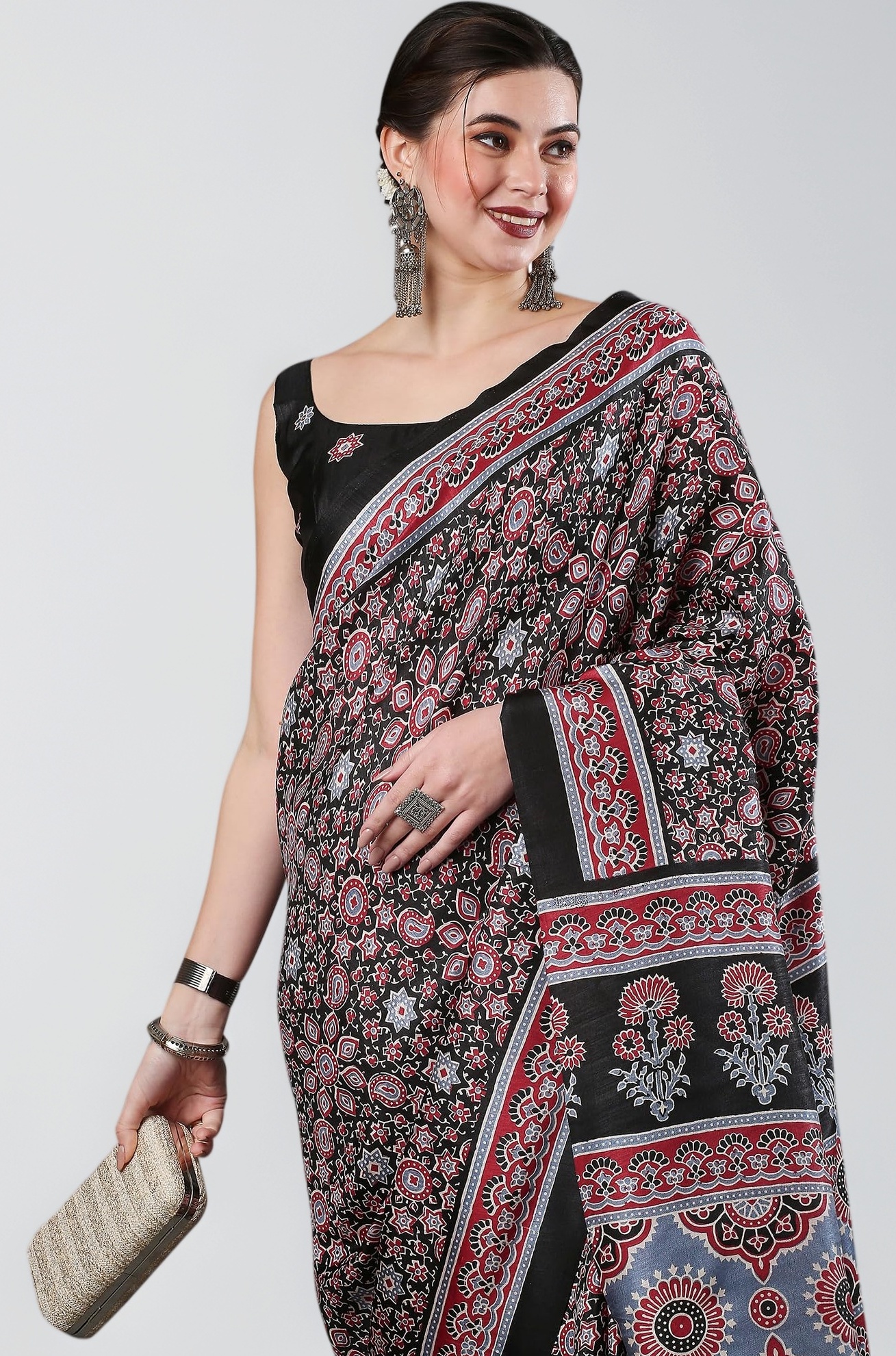Women's Ajrak Block Print Dola Silk Saree With Unstitched Blouse Piece