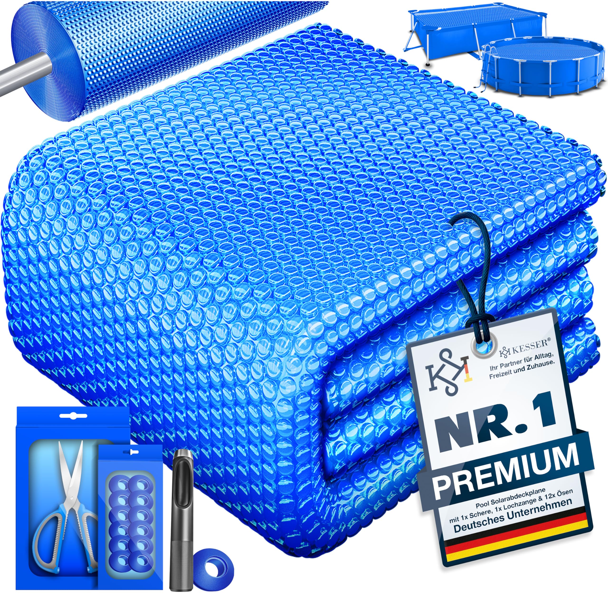KESSER® Pool Solarabdeckplane Rechteckig 300 x 200cm Solarfolie 120 µm, Solarabdeckung Solarplane zuschneidbar, Poolheizung Wassererwärmung Wärmeplane, Solarplane mit 1xSchere, 1x Lochzange & 12x Ösen