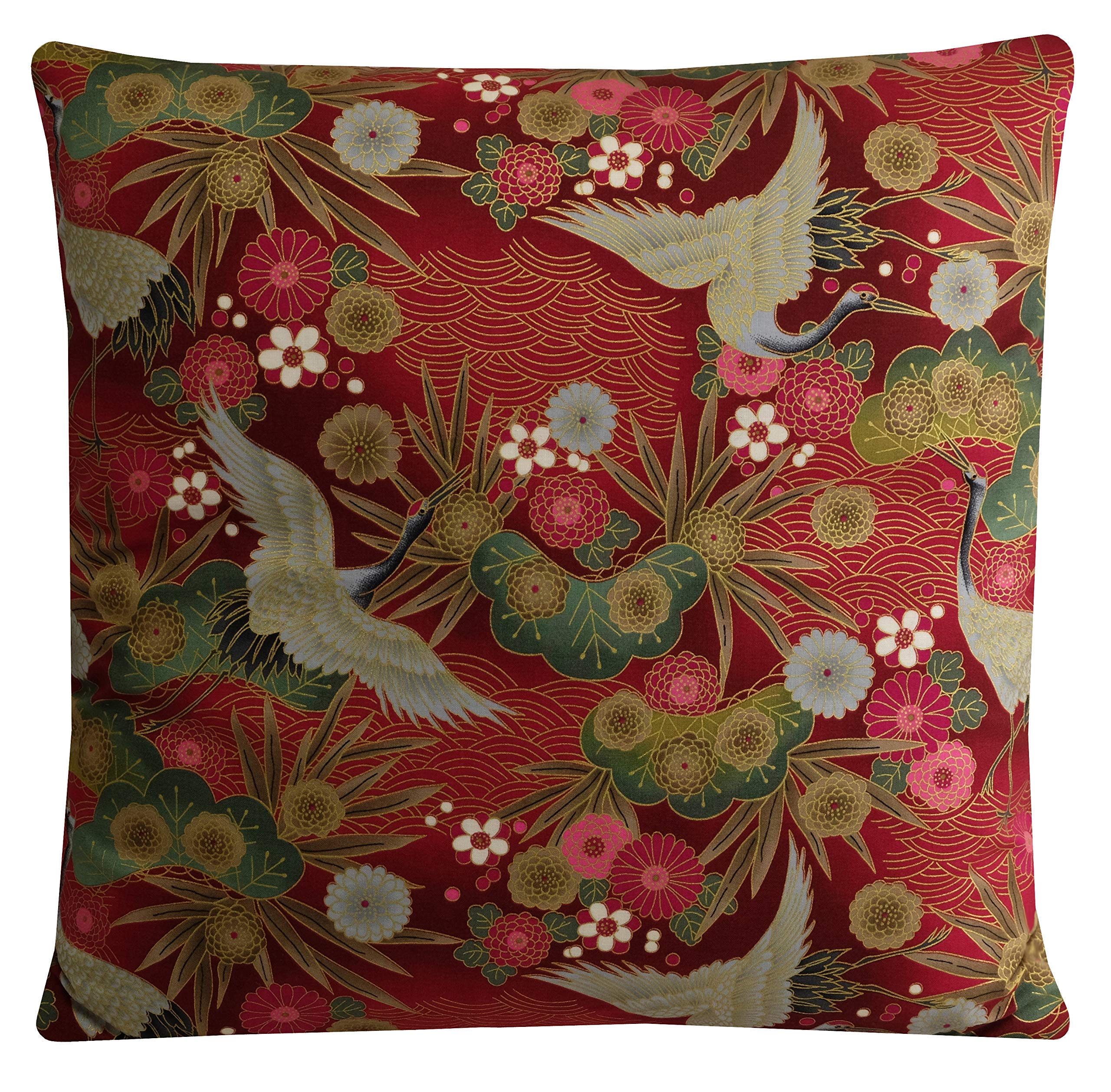 Red Crane Cushion Cover 45x45cm, Oriental Floral Pillow Cover with Metallic Gold Highlights