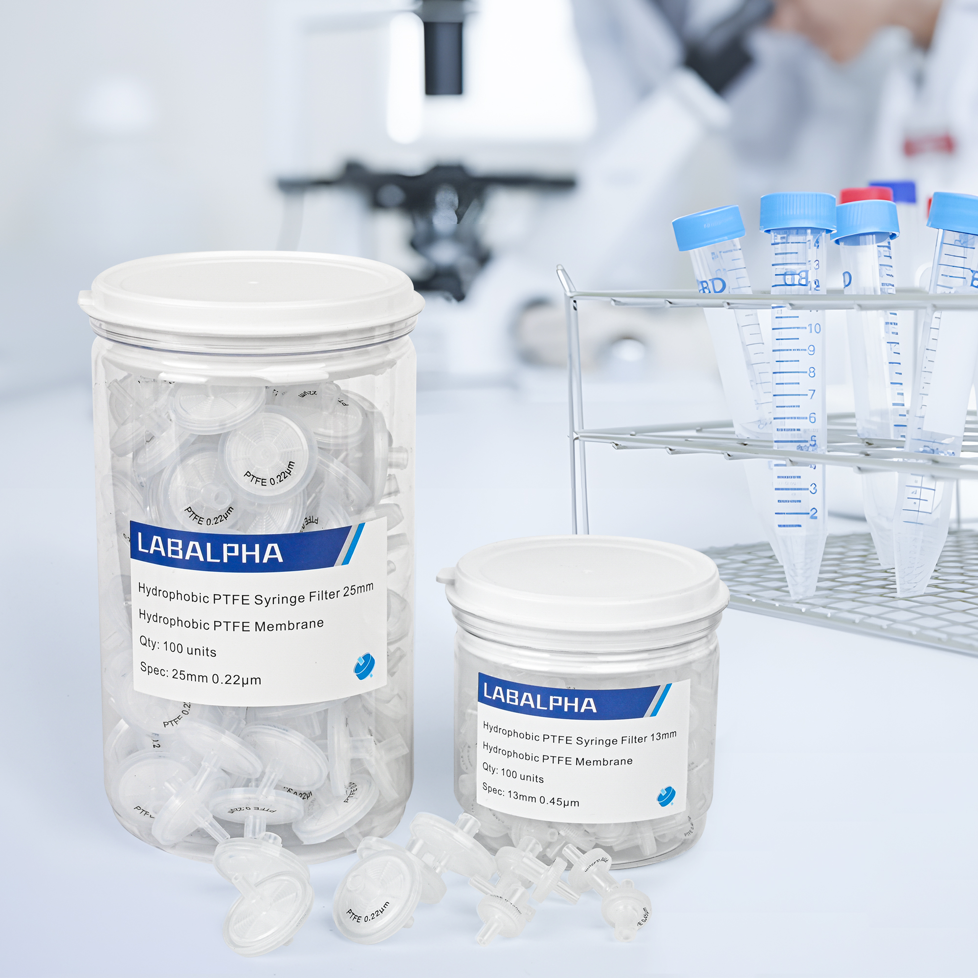 Image of LABALPHA Syringe Filters PTFE 100 Pack Lab Filters Pore Size Hydrophobic Filtration (13mm 0.22μm)
