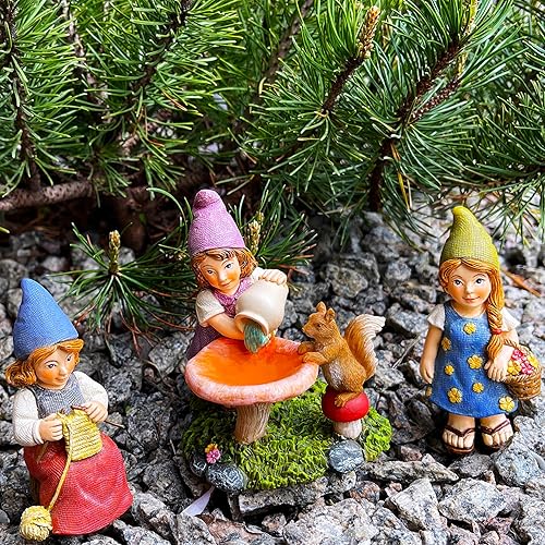Miniatura 7 de Mood Lab Gnomos de jardín en miniatura – Lady Gnomes Kit de 3 piezas – Juego de figuras y accesorios – Decoración para exteriores o casa