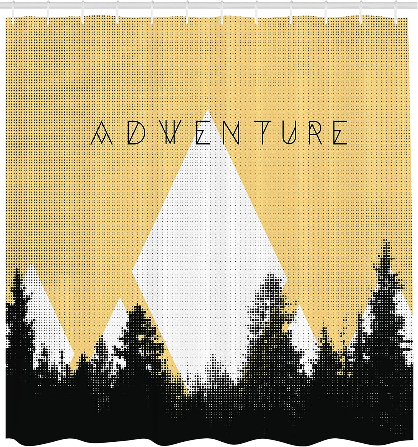 Ambesonne Adventure Shower Curtain, Forest Halftone Effect Hipster Typography Camping in Mountains, Cloth Fabric Bathroom Decor Set with Hooks, 69" W x 70" L, Black Mustard