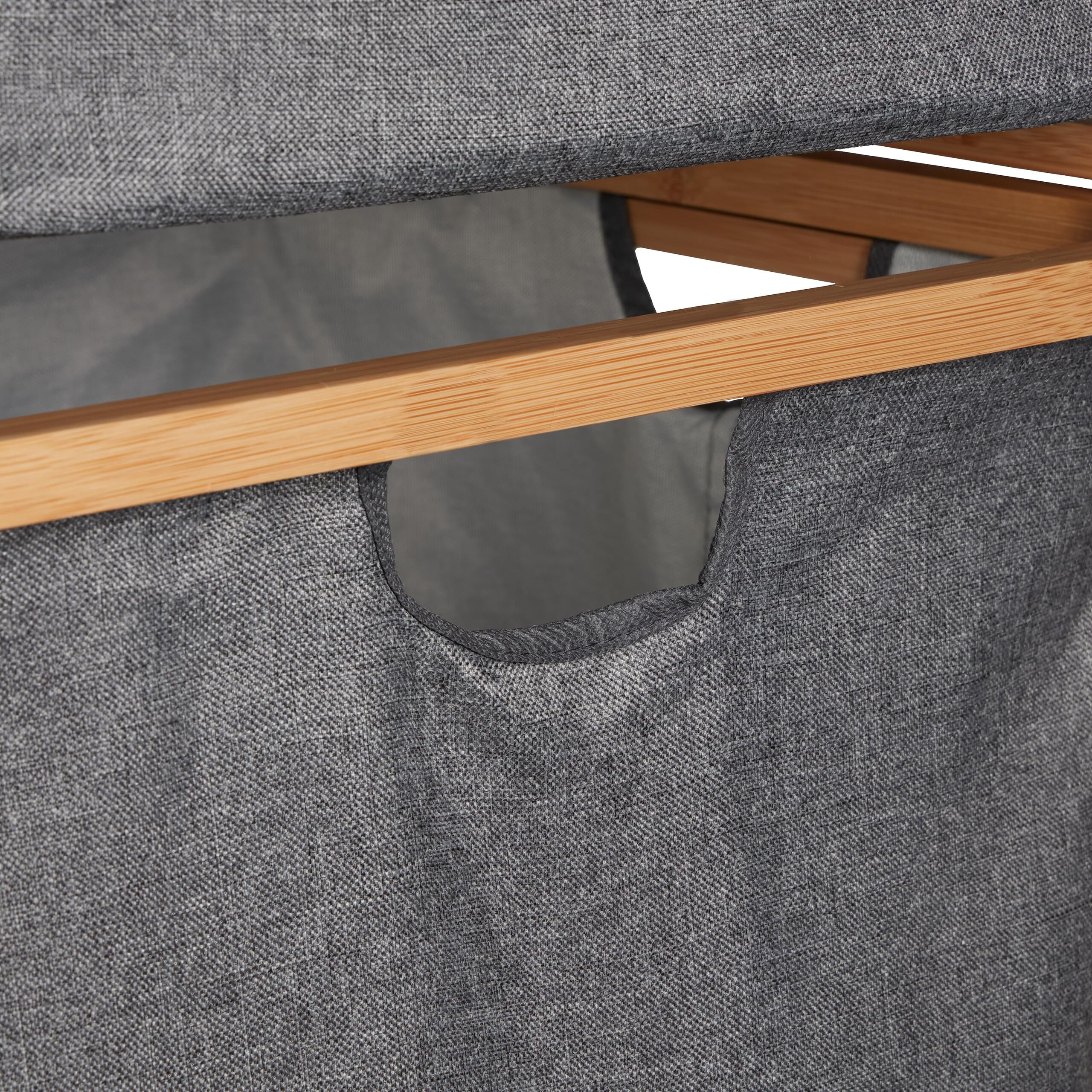 Relaxdays Cesto para Ropa Sucia, Sacos Extraíbles, 2 Compartimentos y Estante, Canasto de Bambú y Tela, Natural/Gris