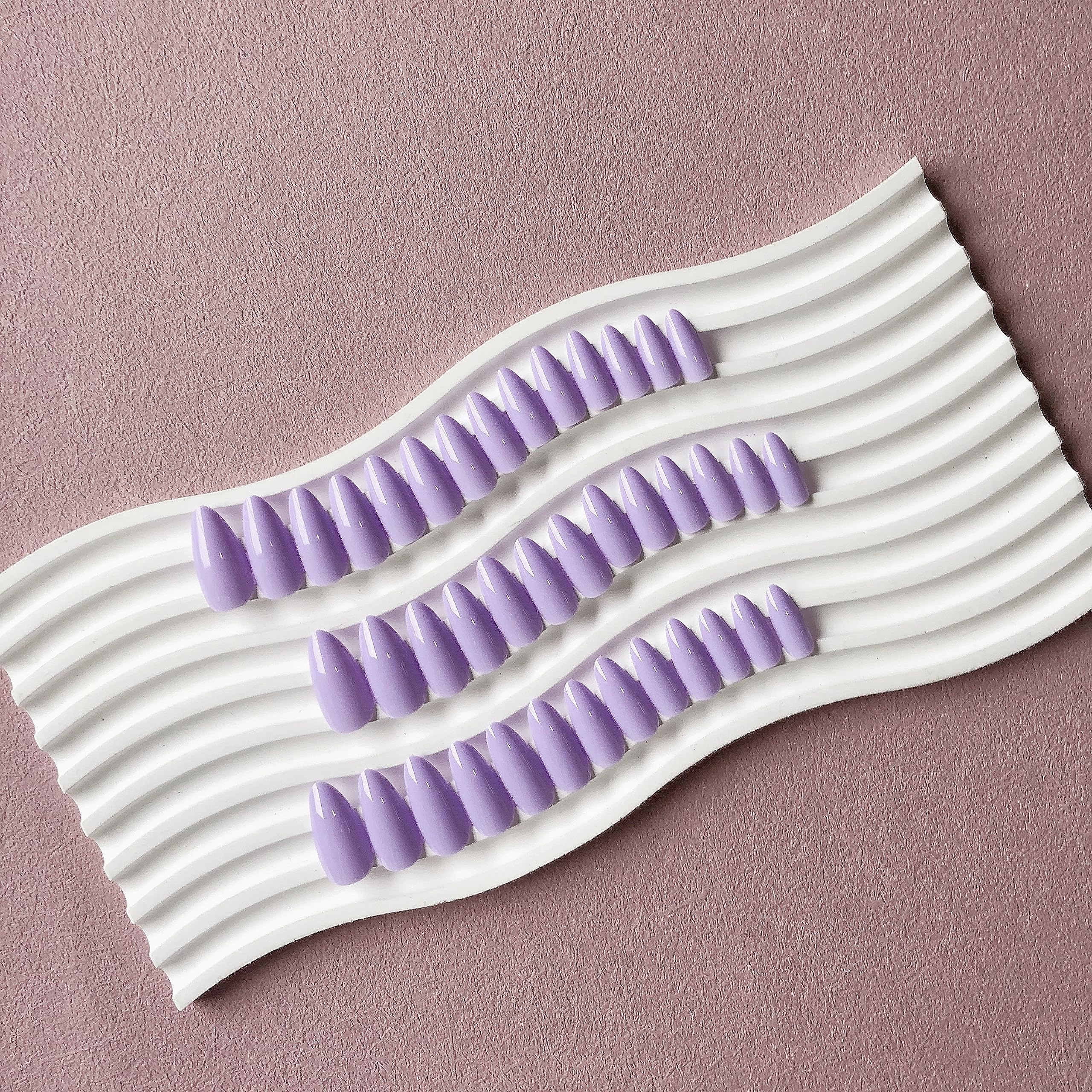 SXVME 48 Pcs Lilac Press on Nails Almond Medium Acrylic False Nails Medium Stiletto Natural Fake Nail Set Elegant Solid Color Full Cover Glossy Gel Stick on Nails for Women Daily Wear - Image 4